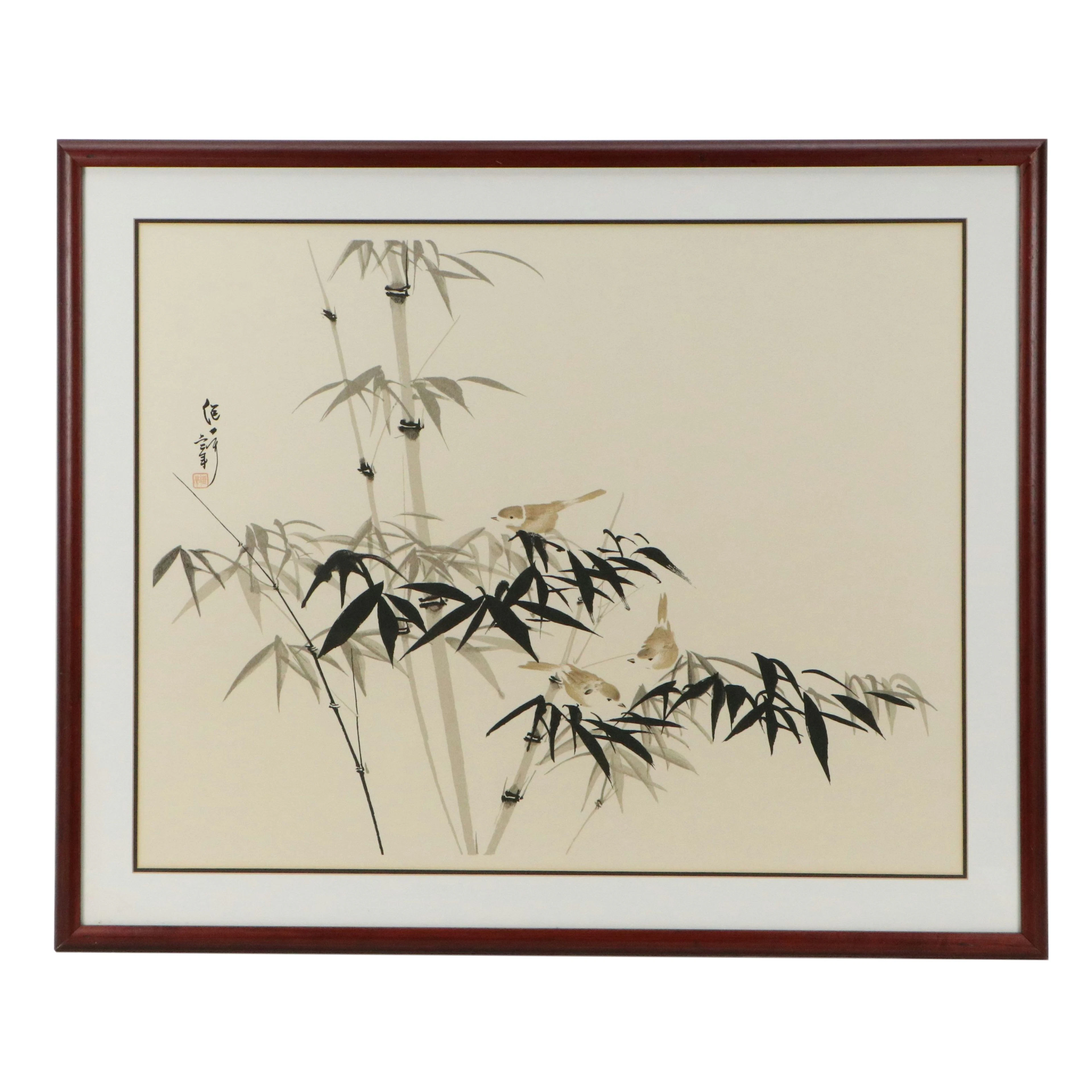 Giclée After Charles Chu "Bamboo And Three Brown Birds," Late 20th Century