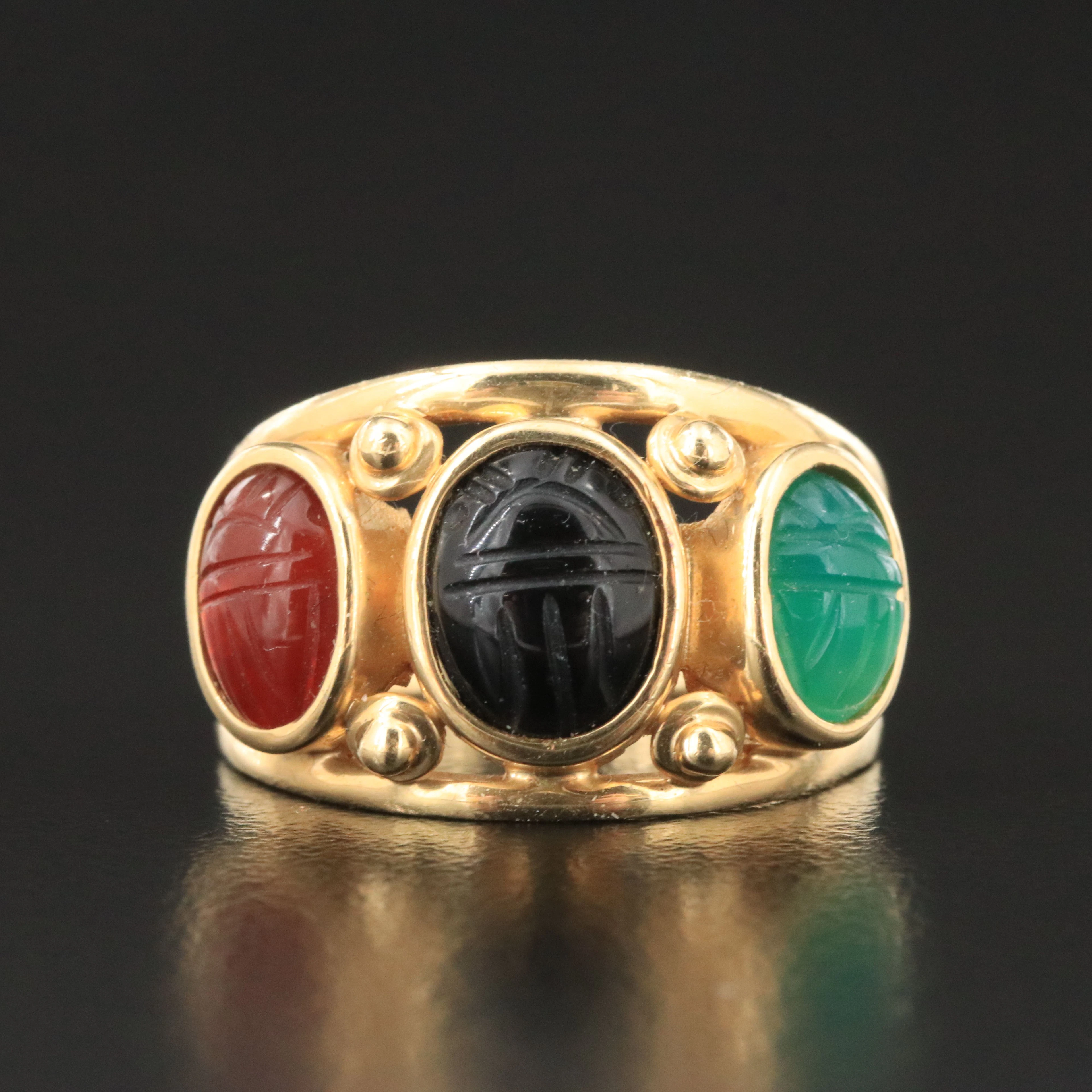14K Black Onyx, Carnelian, and Chalcedony Scarab Ring