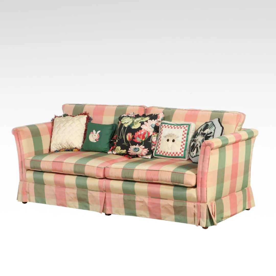 Traditional Plaid Upholstered Sofa with Accent Pillows