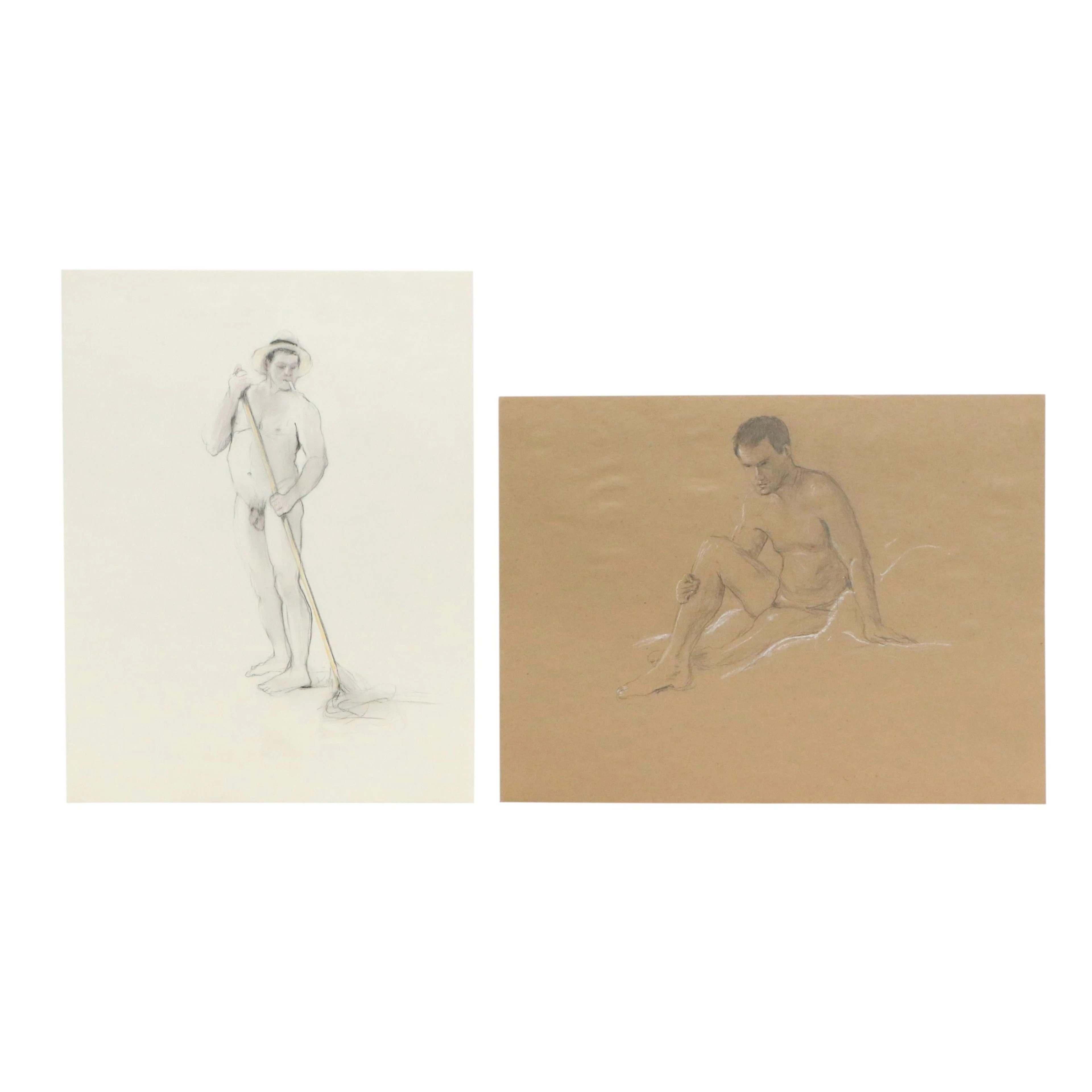 Larry Griggs Mixed Media Drawings of Male Nudes, 21st Century