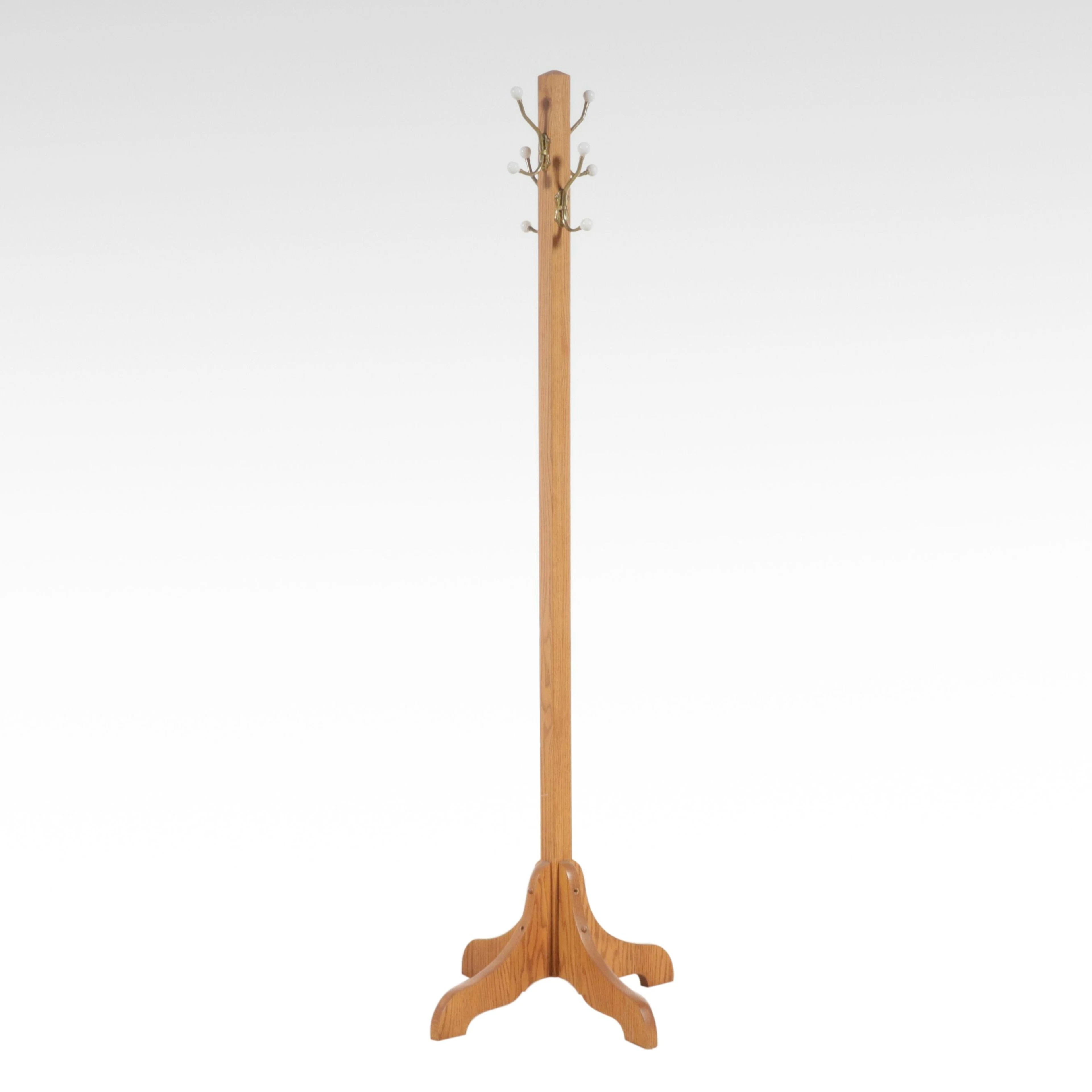 Traditional Oak Hall Tree Coat Rack with Ceramic Porcelain Hooks, Late 20th C.