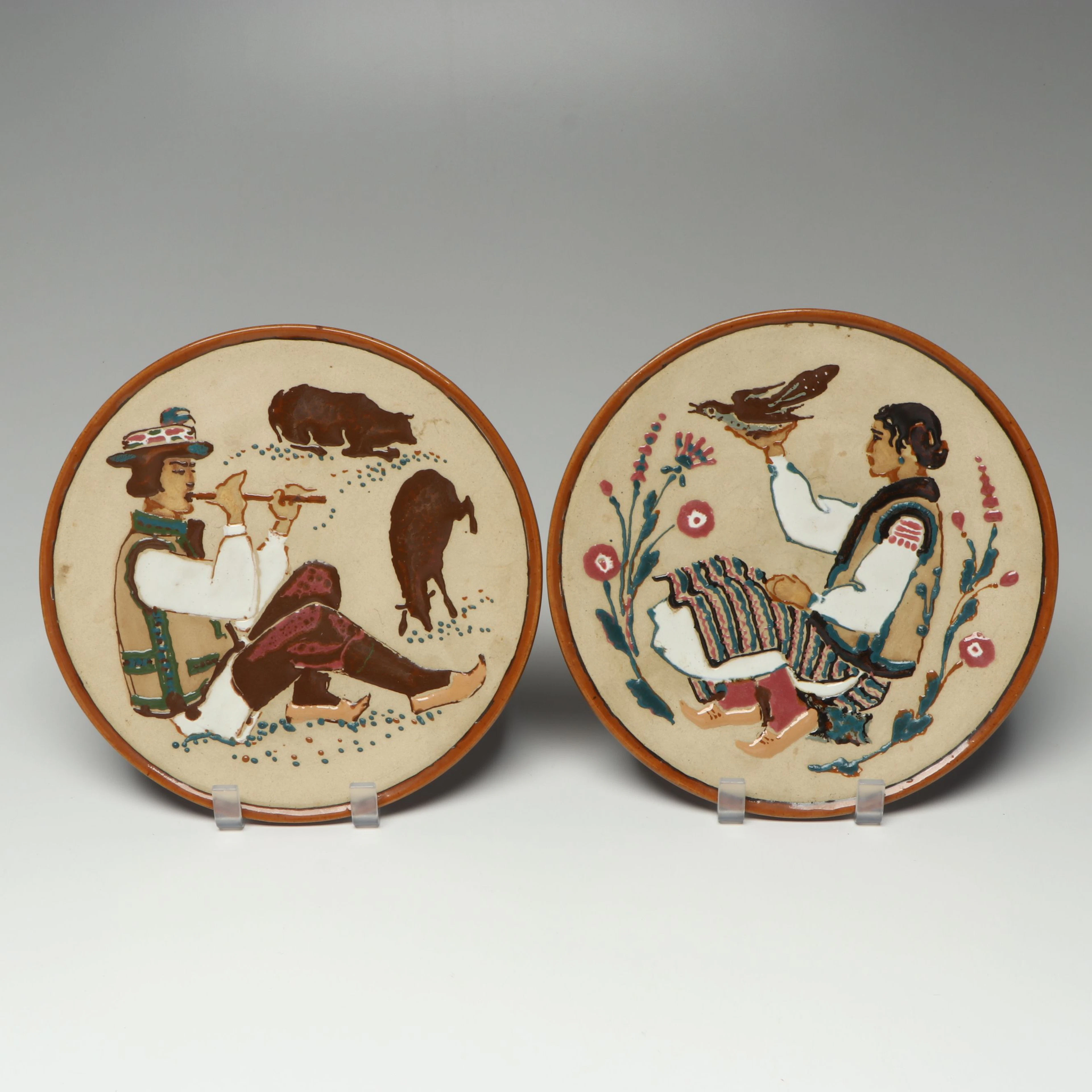 Romanian Folk Art Slip-Decorated Ceramic Wall Plates, 1968