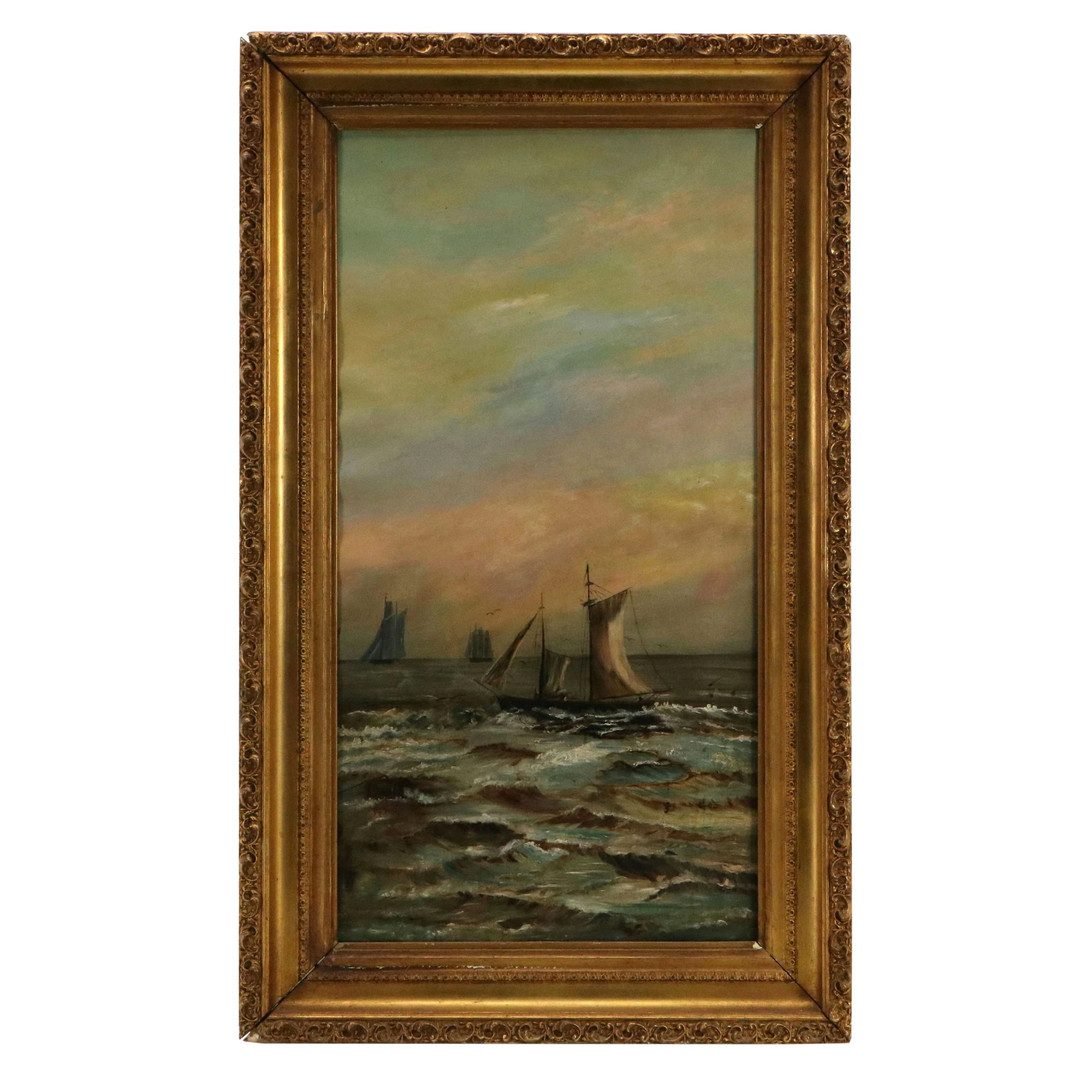 European School Hobbyist Oil Painting of Maritime Scene, Circa 1890