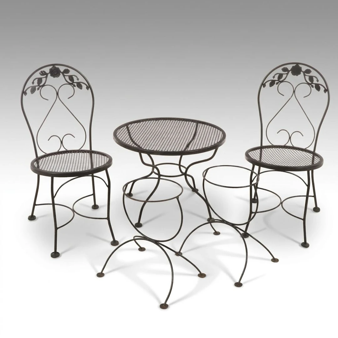Wrought Iron Patio Bistro Set and Pair of Plant Stands