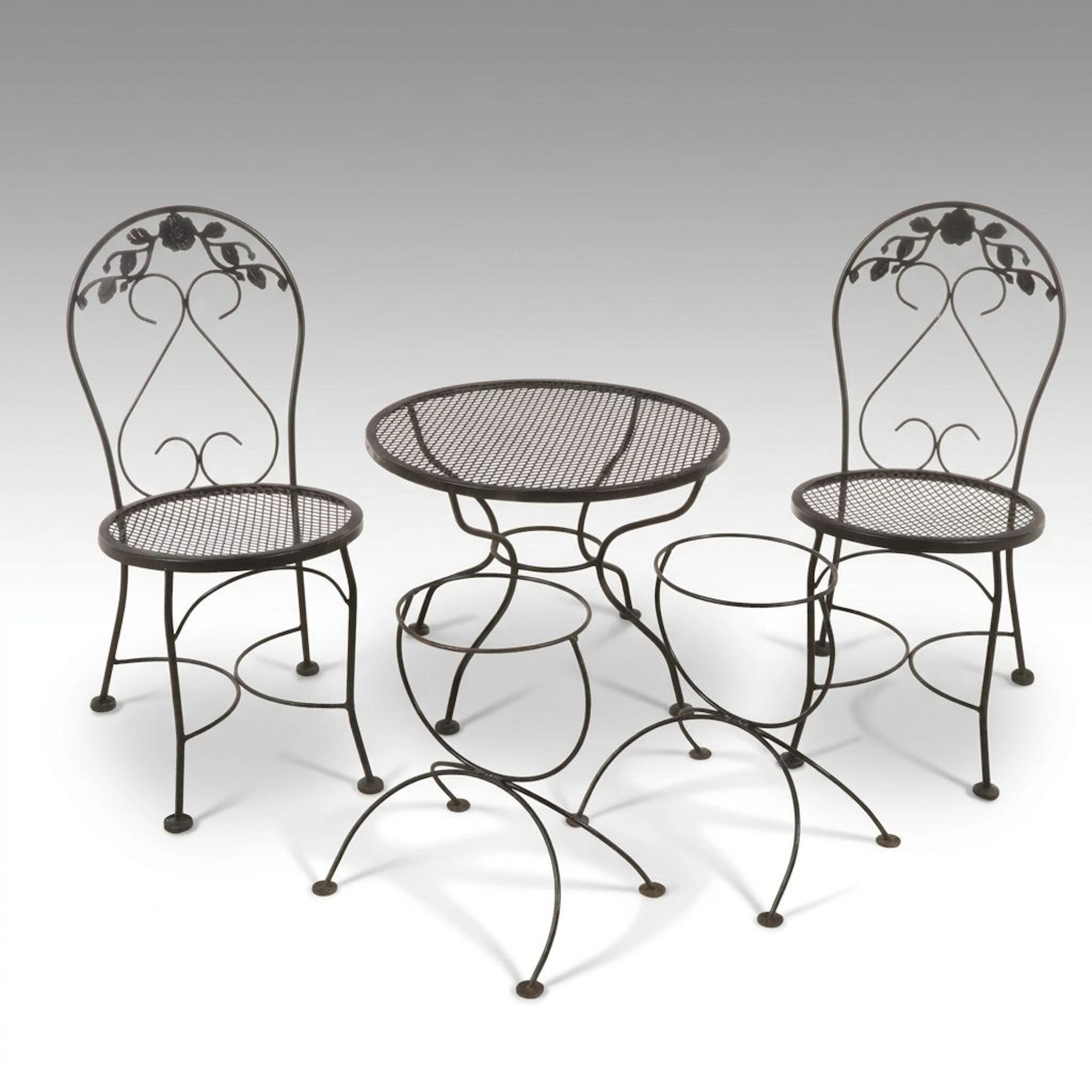 Wrought Iron Patio Bistro Set and Pair of Plant Stands