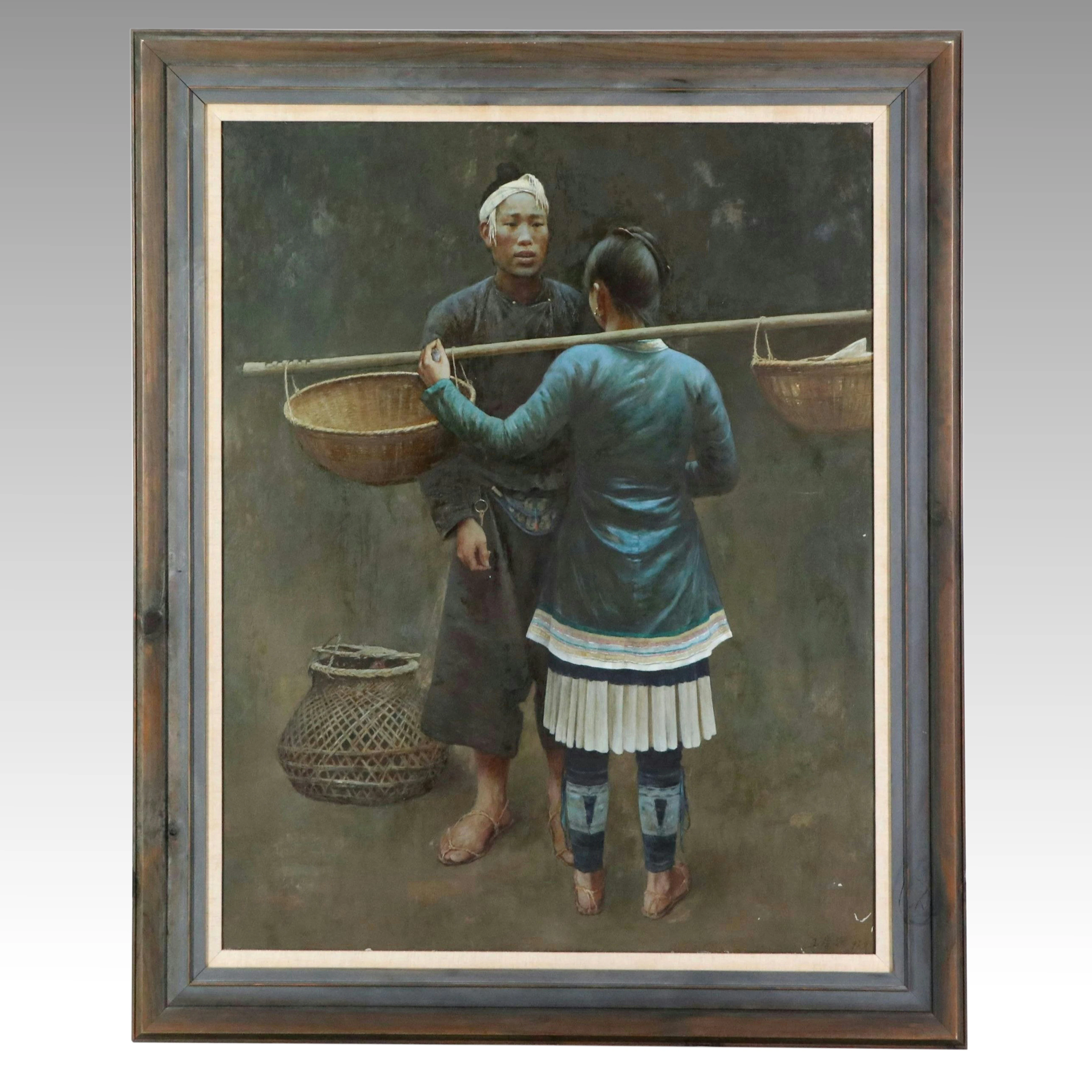 Wong Chong De Genre Oil Painting of Man and Woman, 1995