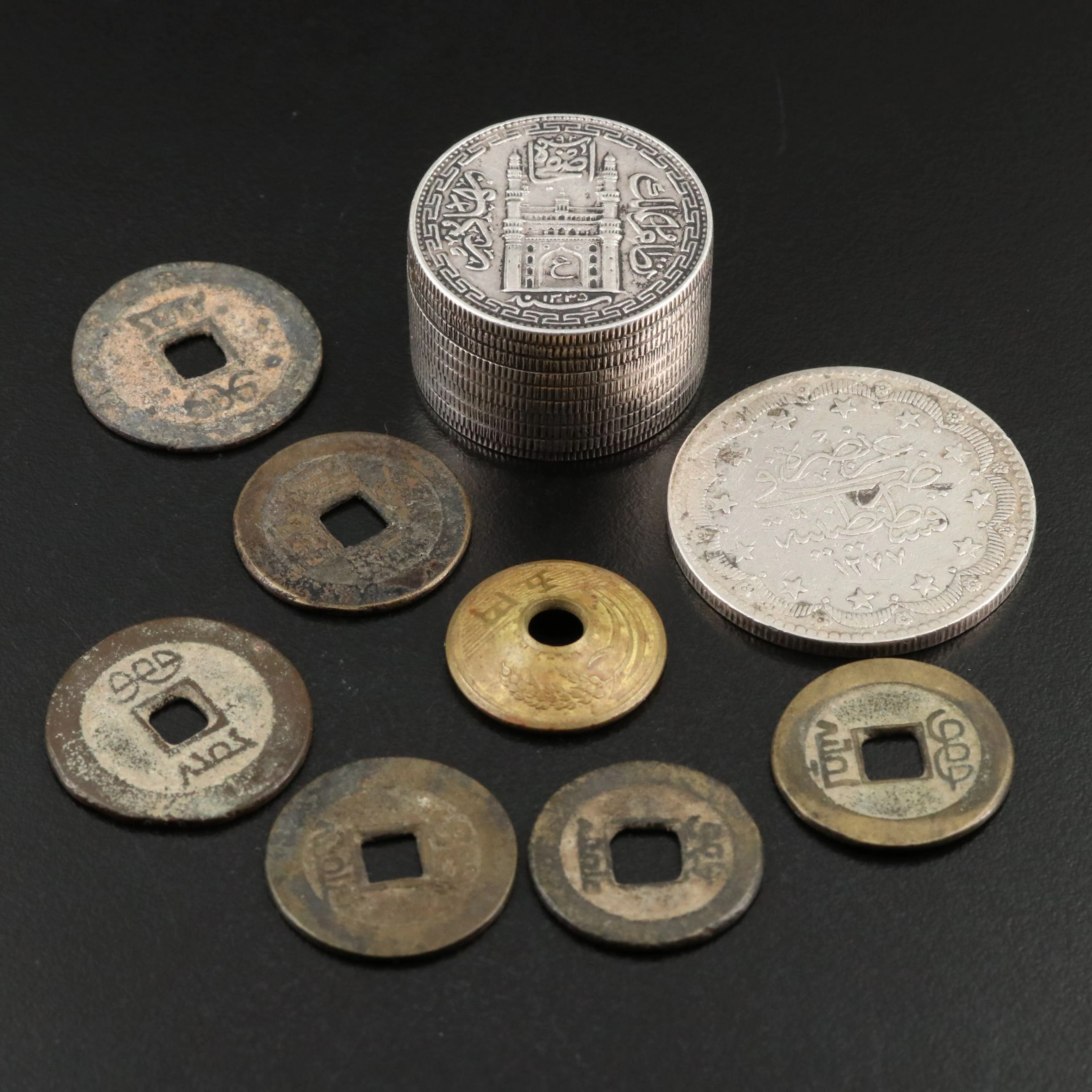 20-Kurus Turkish Ottoman Empire Silver Coin, Chinese Cash Coins, and More