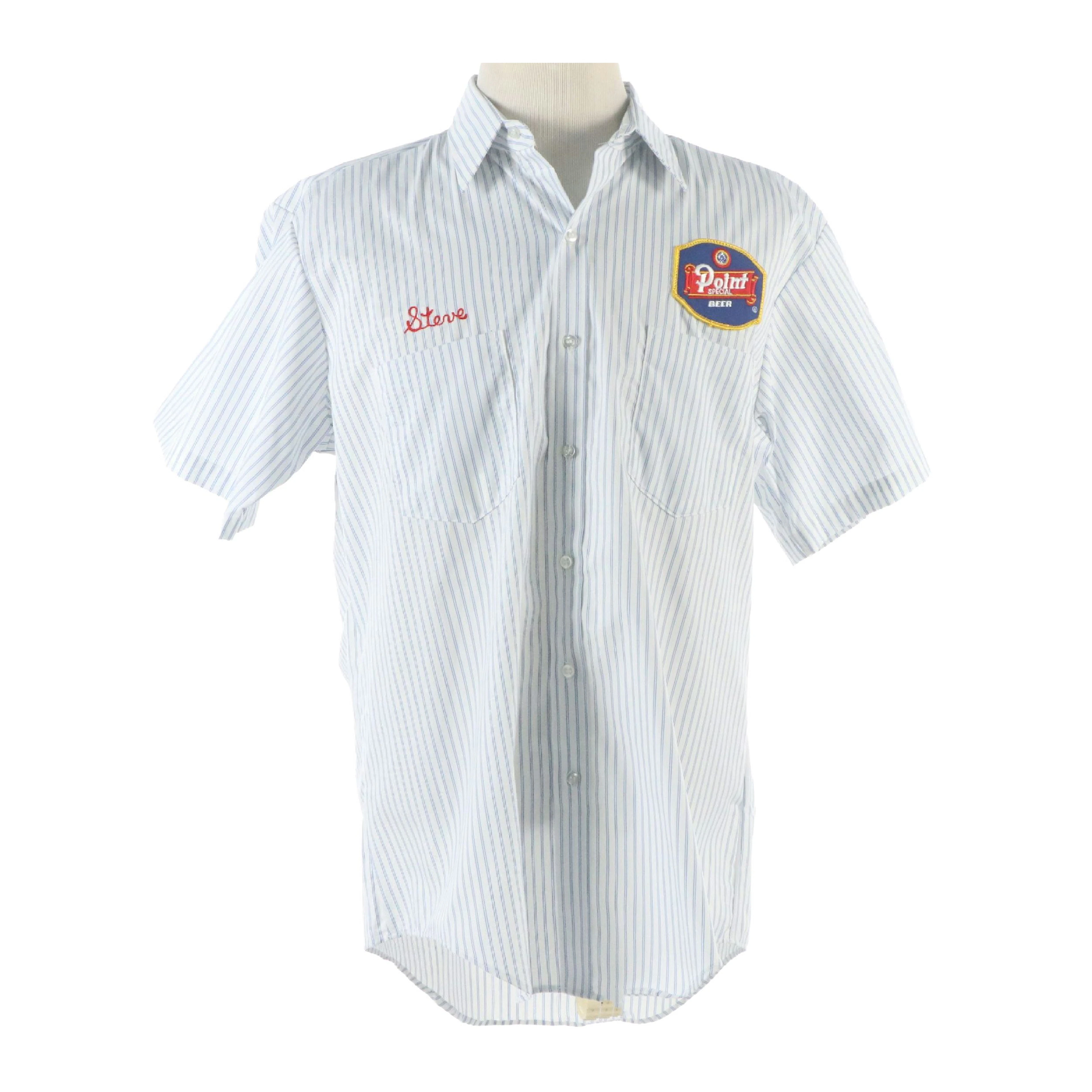 Riverside "Point Special Beer" Patch and Embroidered Striped Button-Up Shirt