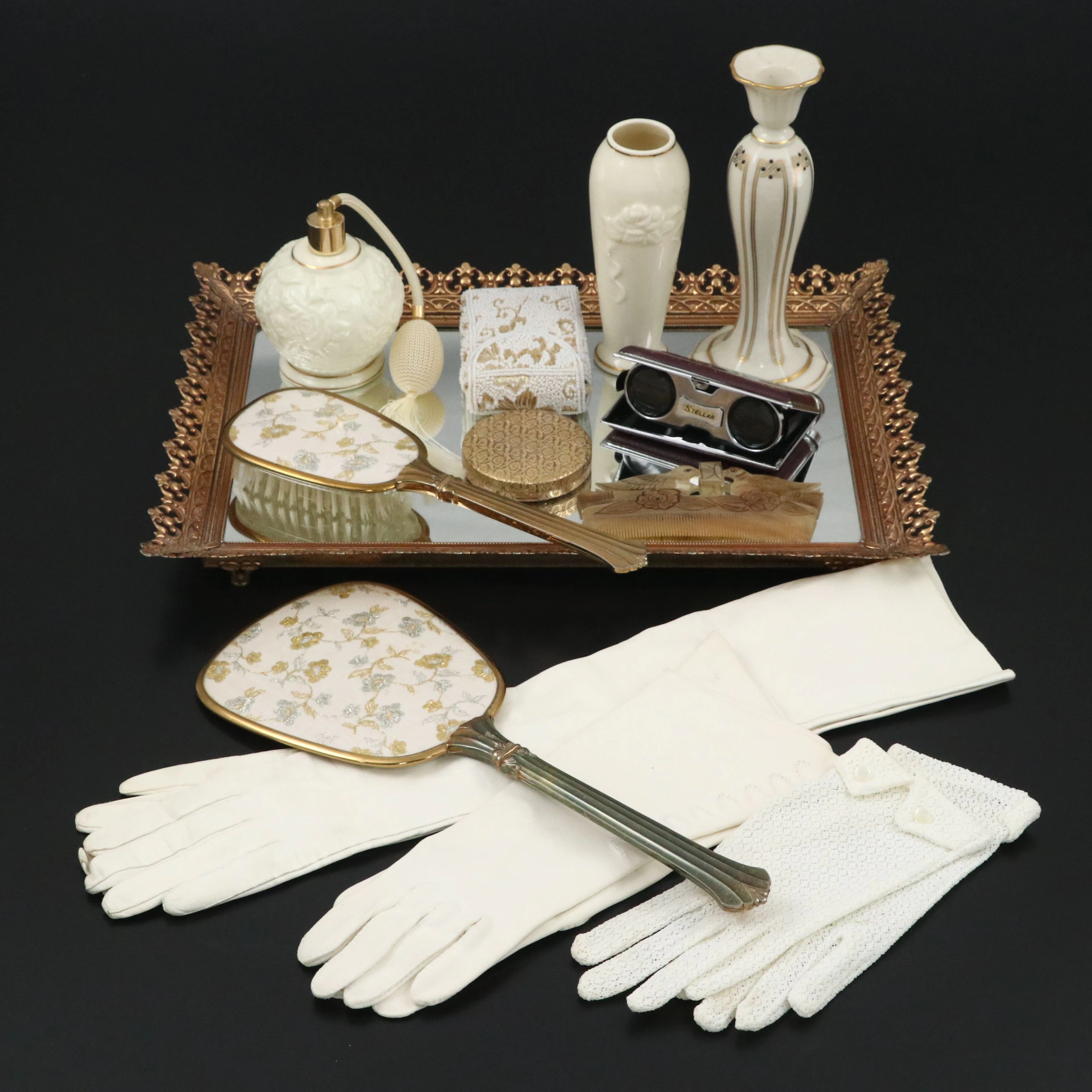 Lenox Porcelain Bud Vases with Brass Mirror Tray and More