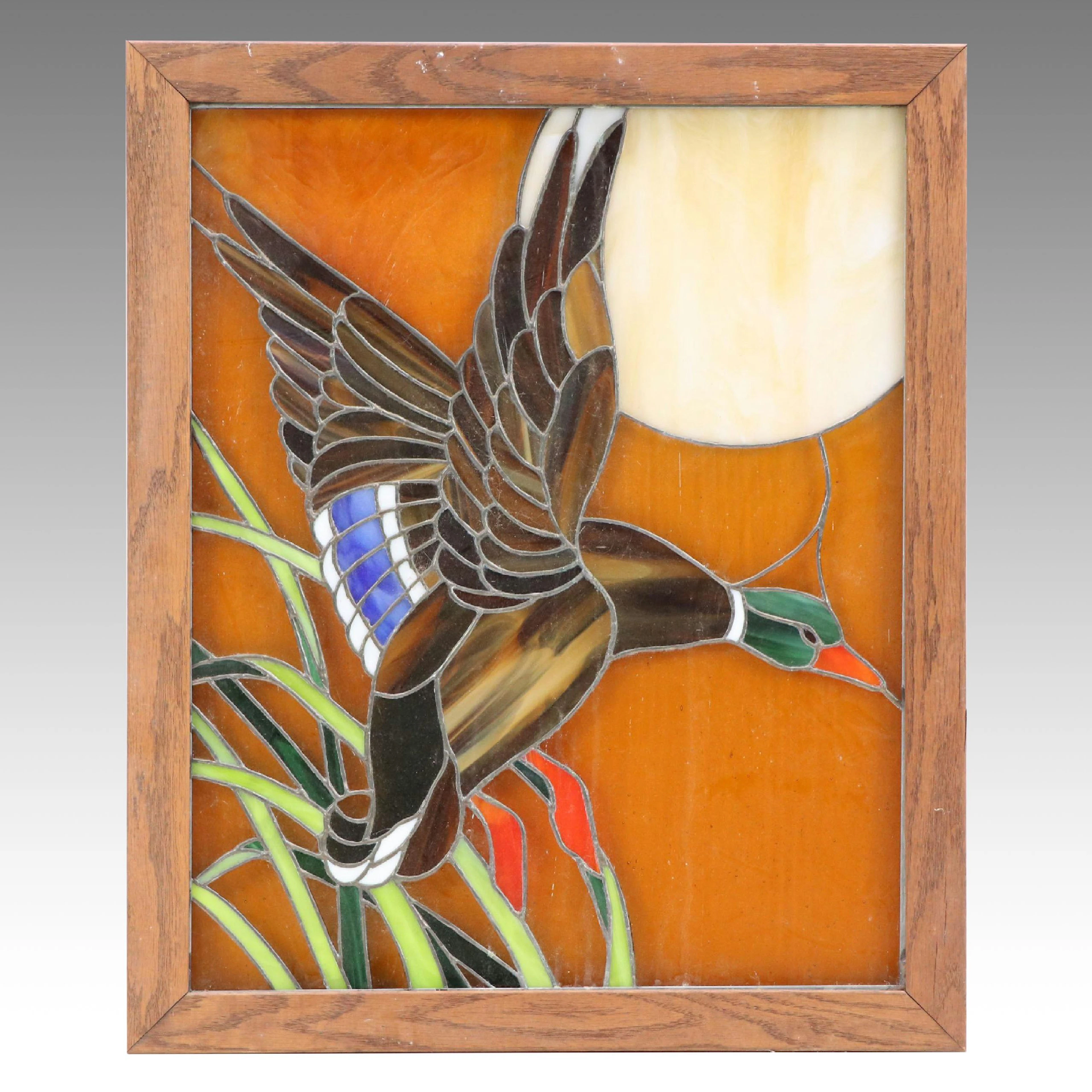 Copper Foil Stained Glass Panel with Duck In Flight with Moon