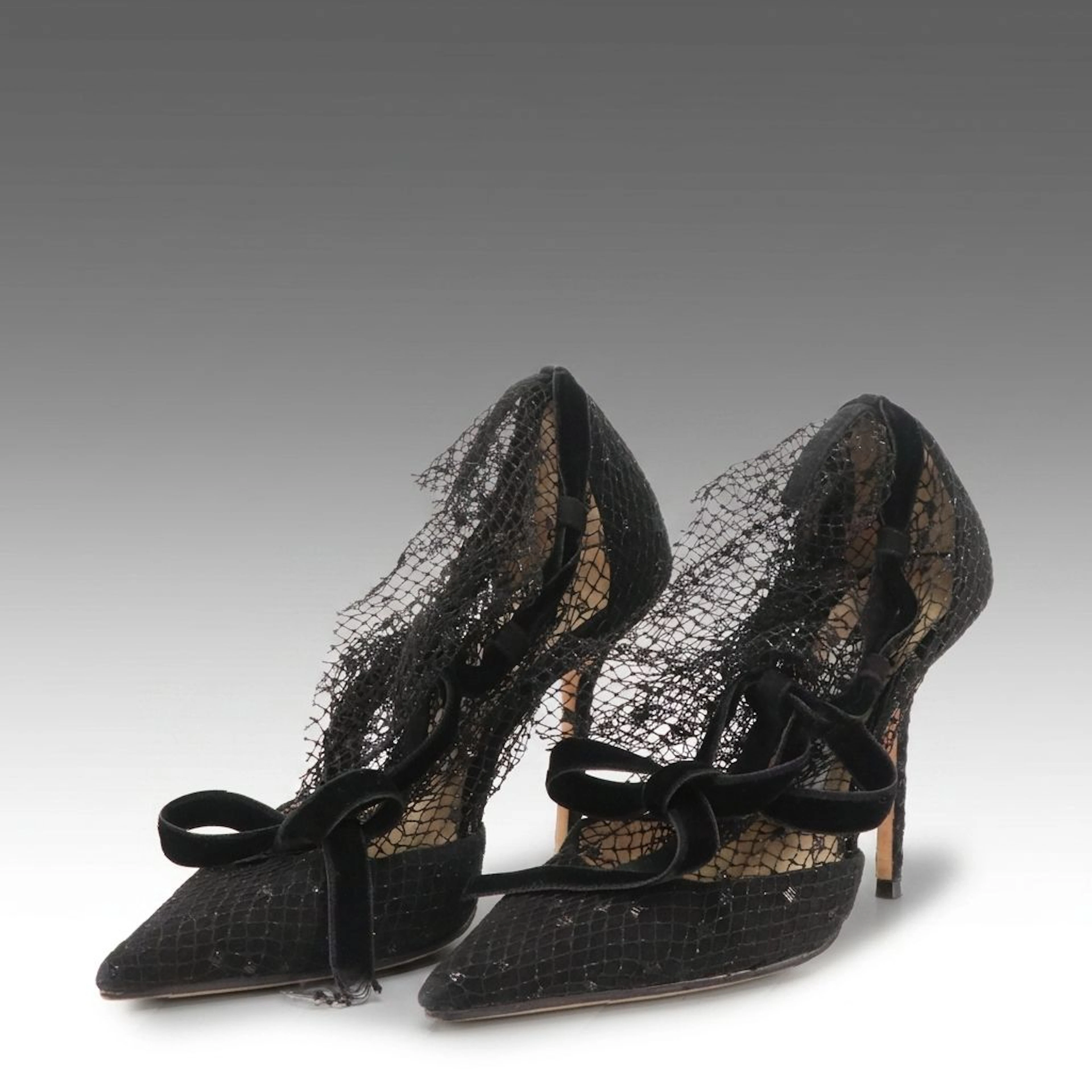 Jimmy Choo Lace Pattern Pointed Toe Shoes in Black Suede and Velvet Trim