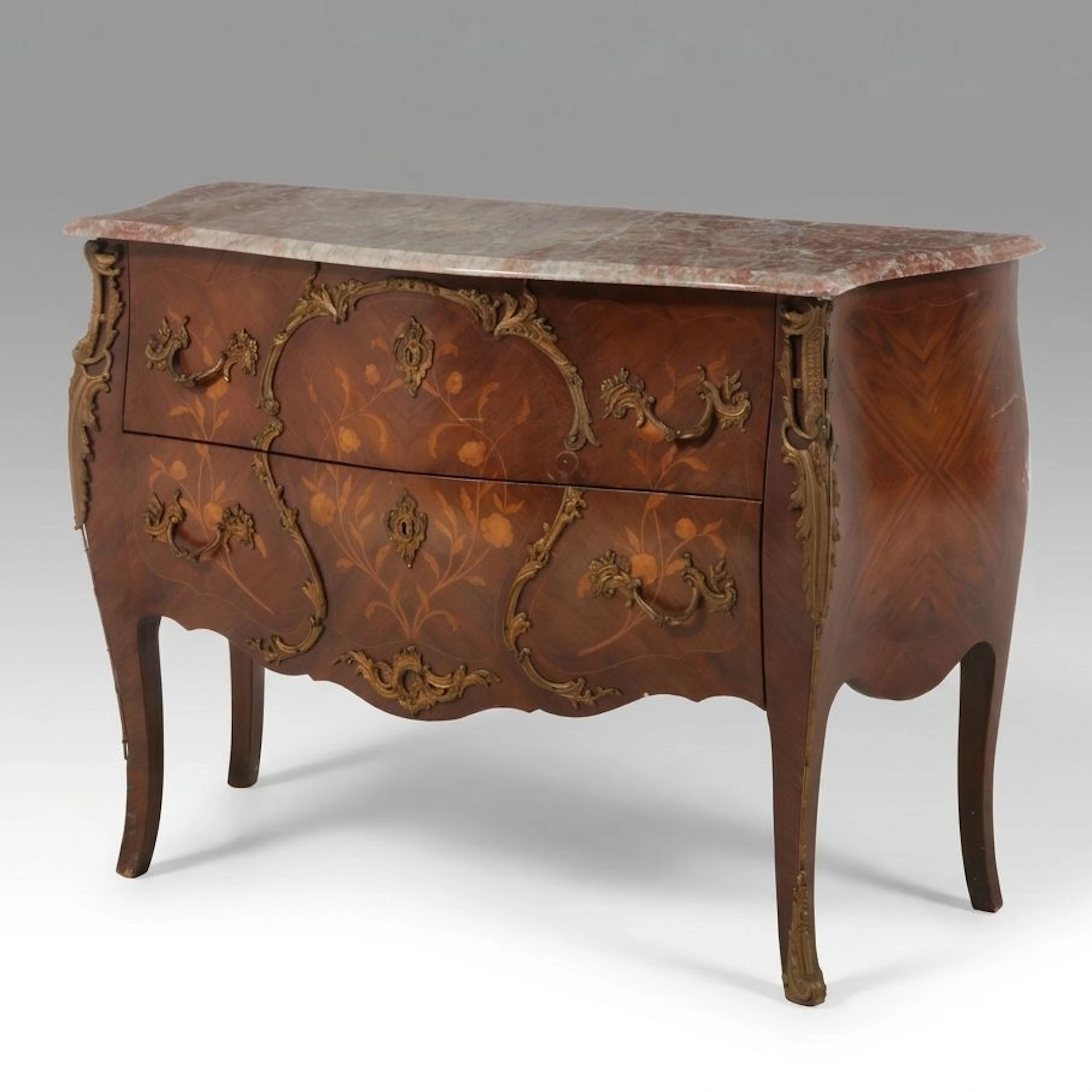 French Rococo Style Marquetry Bombé Commode with Marble Top, 20th Century