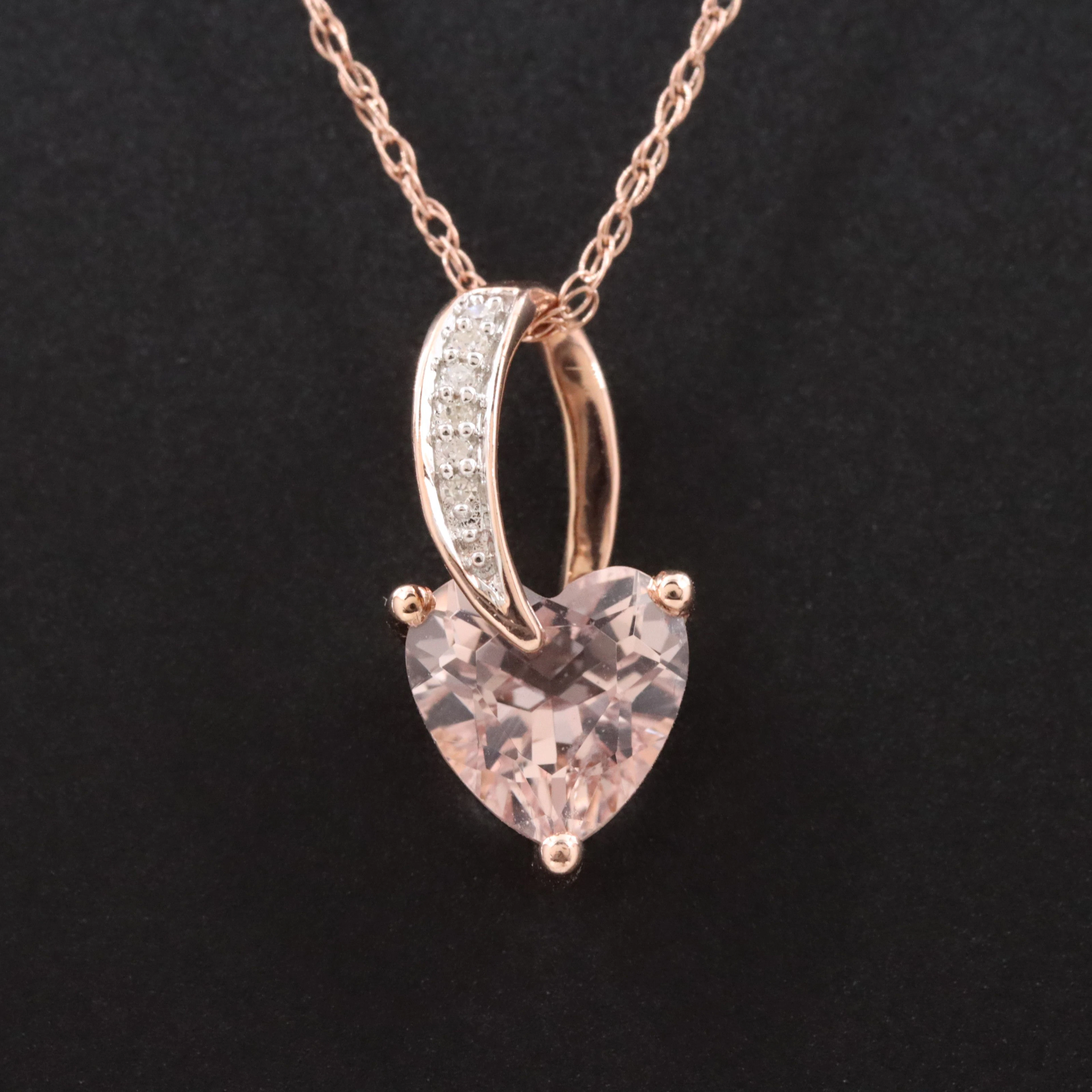10K Rose Gold Morganite and Diamond Heart Pendant Necklace