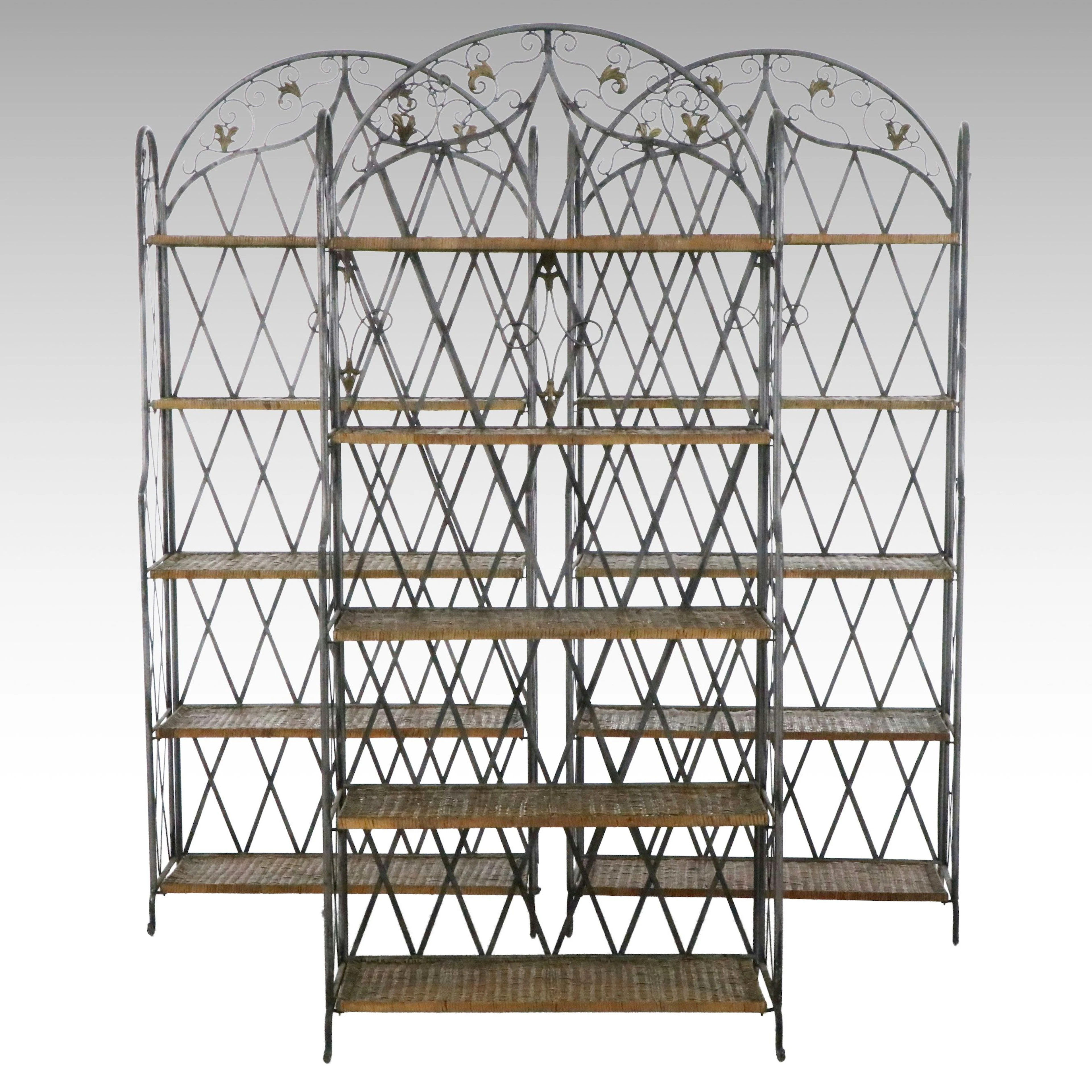Set of Three French Provincial Style Wicker Rattan and Metal Étagères