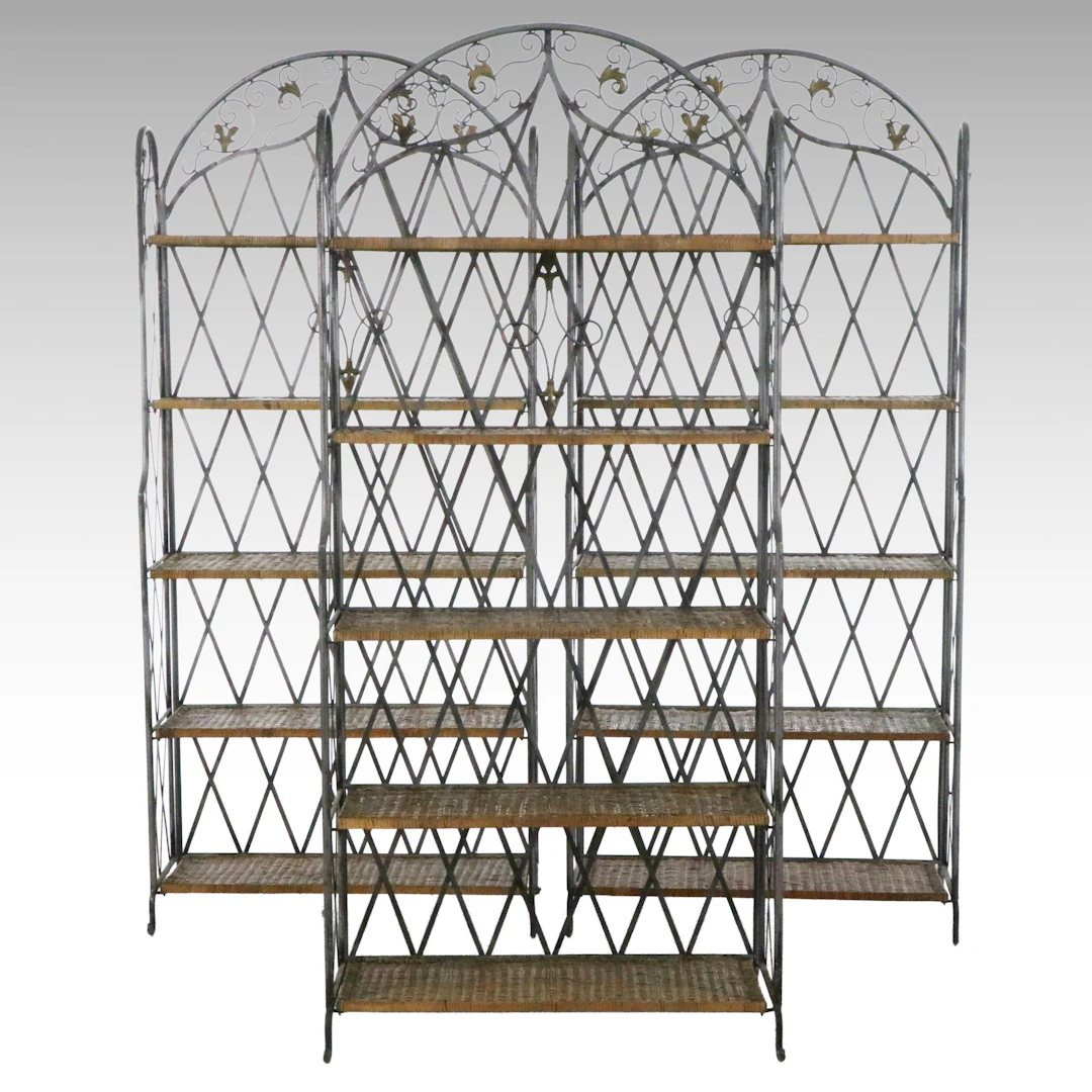 Set of Three French Provincial Style Wicker Rattan and Metal Étagères
