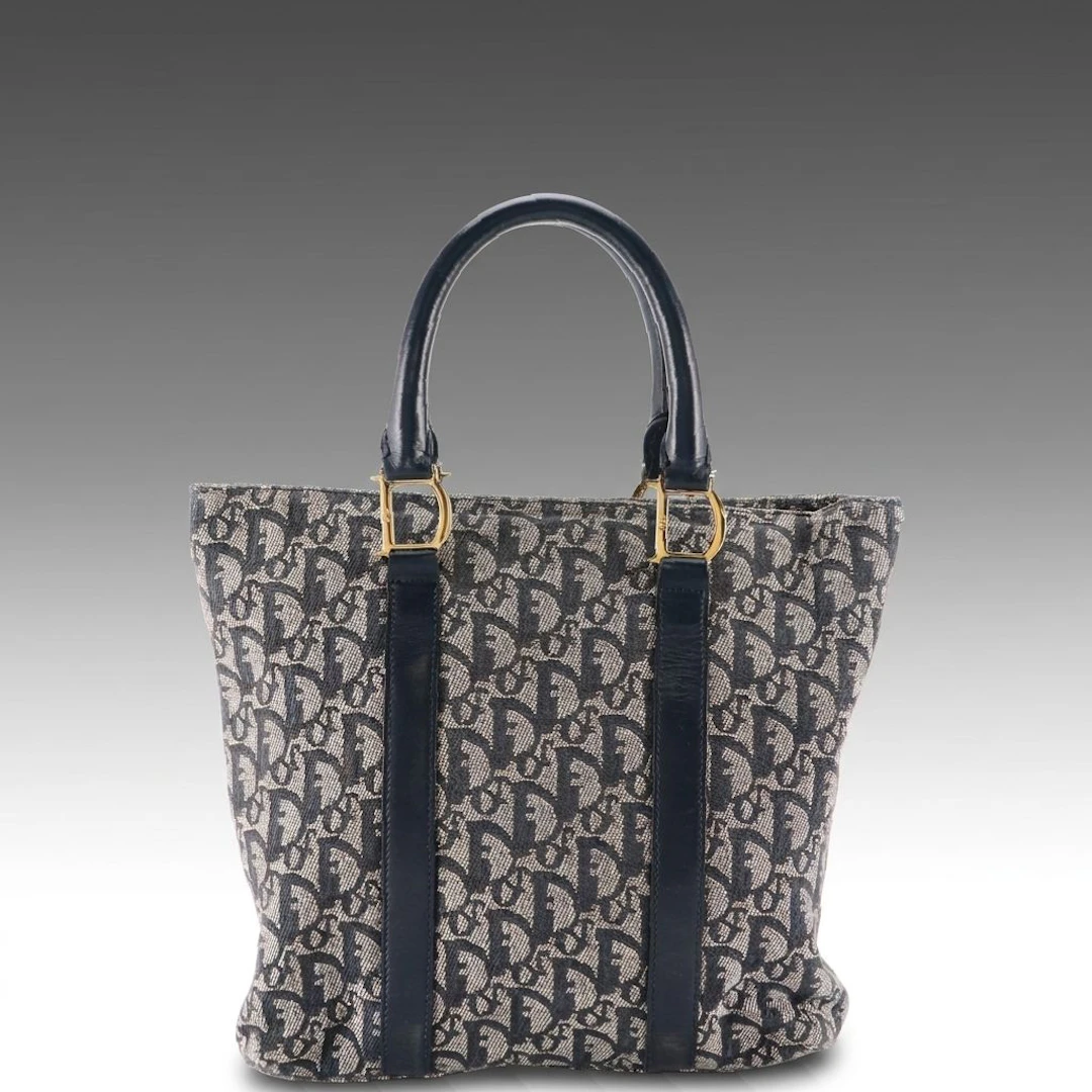 Christian Dior Top Handle Tote Bag in Navy Blue Diorissimo Canvas and Leather