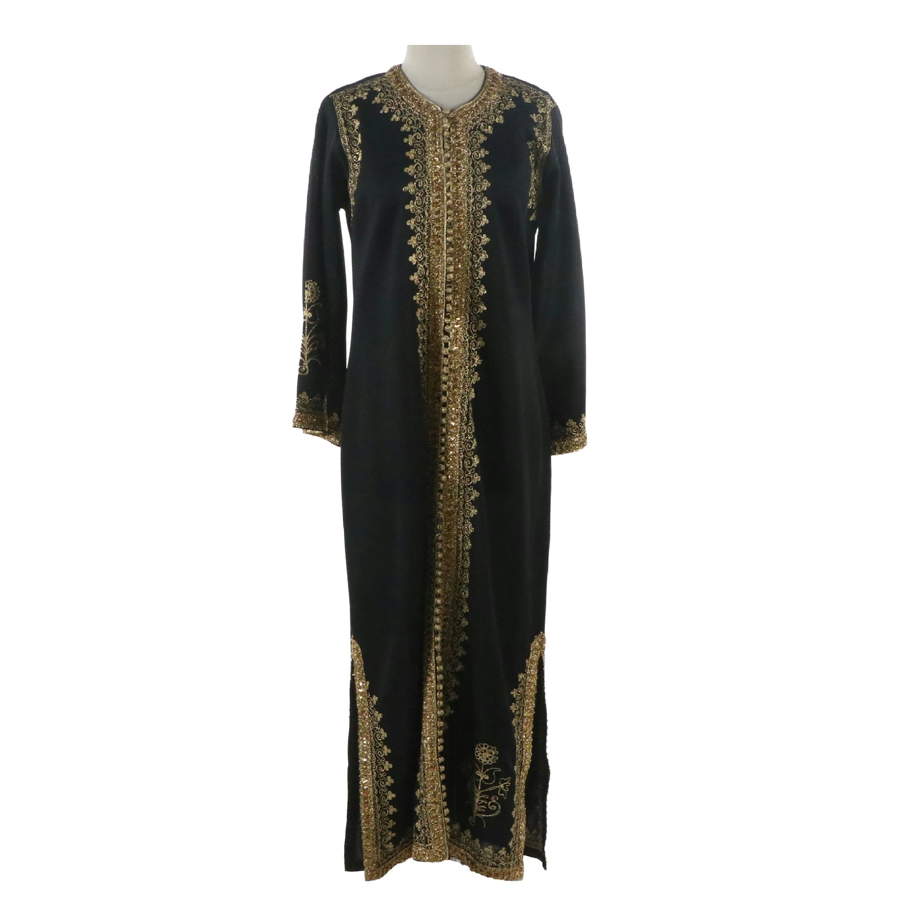 Moroccan Black Polyester Caftan with Gold Sequins and Metallic Embroidery