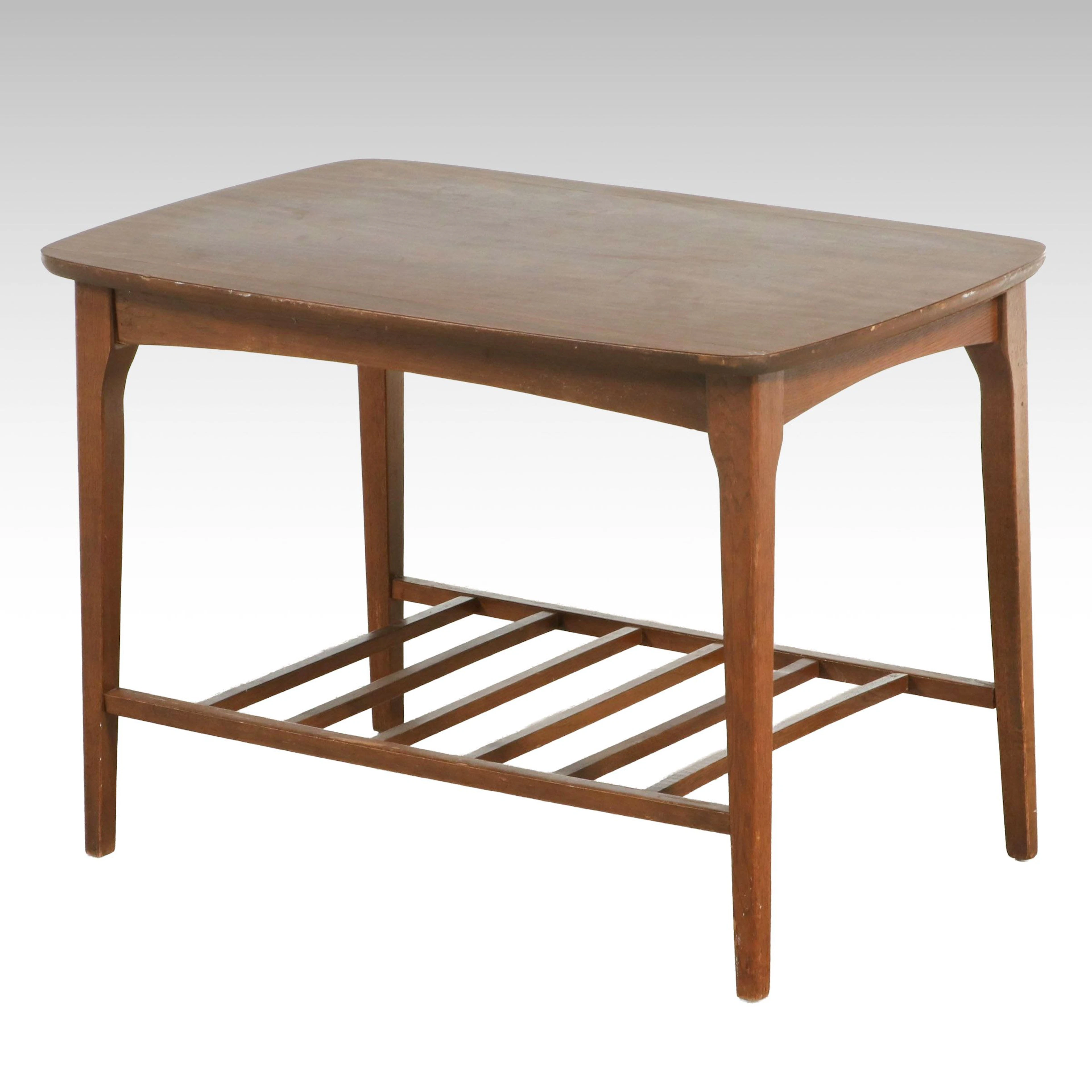 Mid Century Modern Danish Style Walnut Side Table with Slatted Lower Shelf