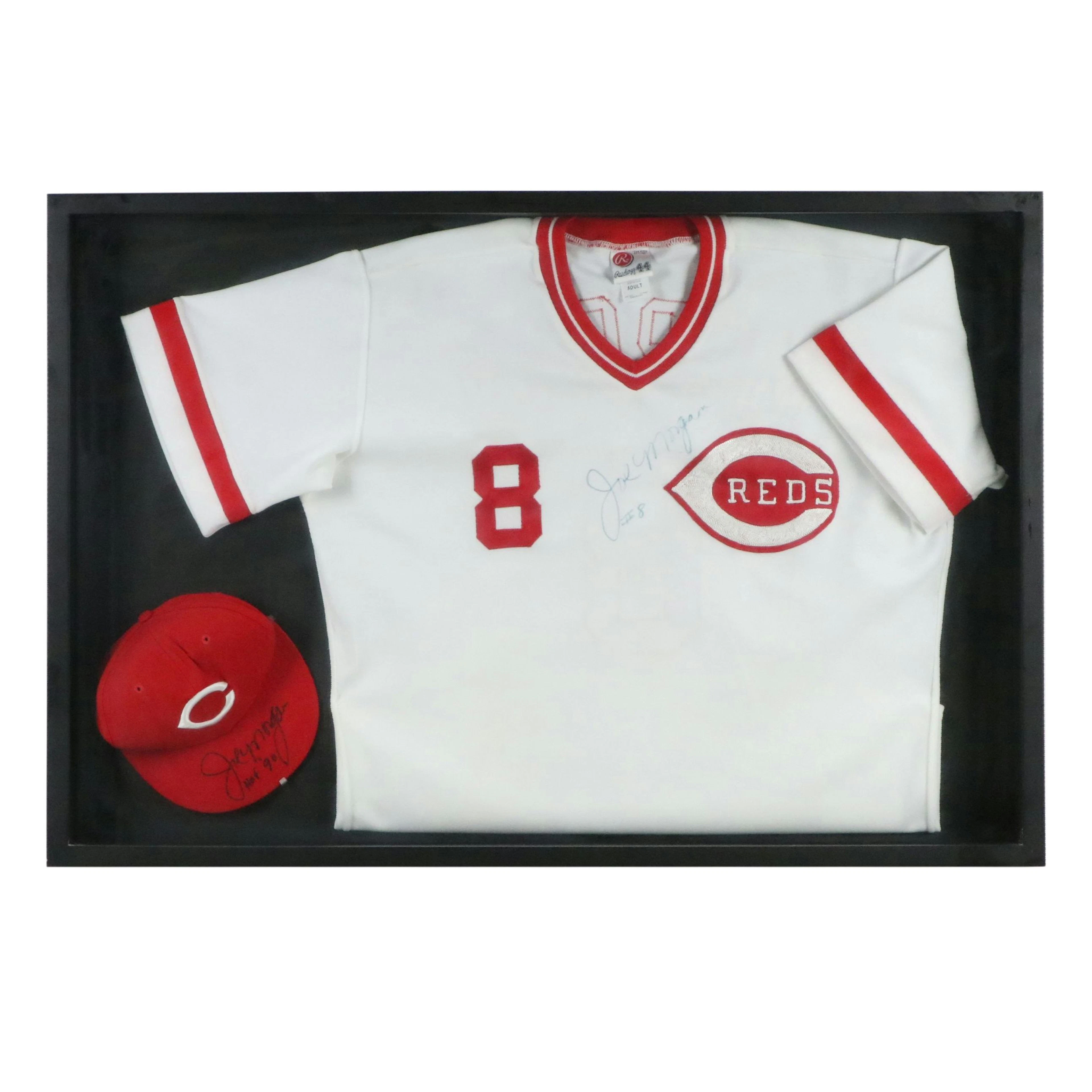 Joe Morgan Signed Cincinnati Reds Baseball Jersey and Hat with Display