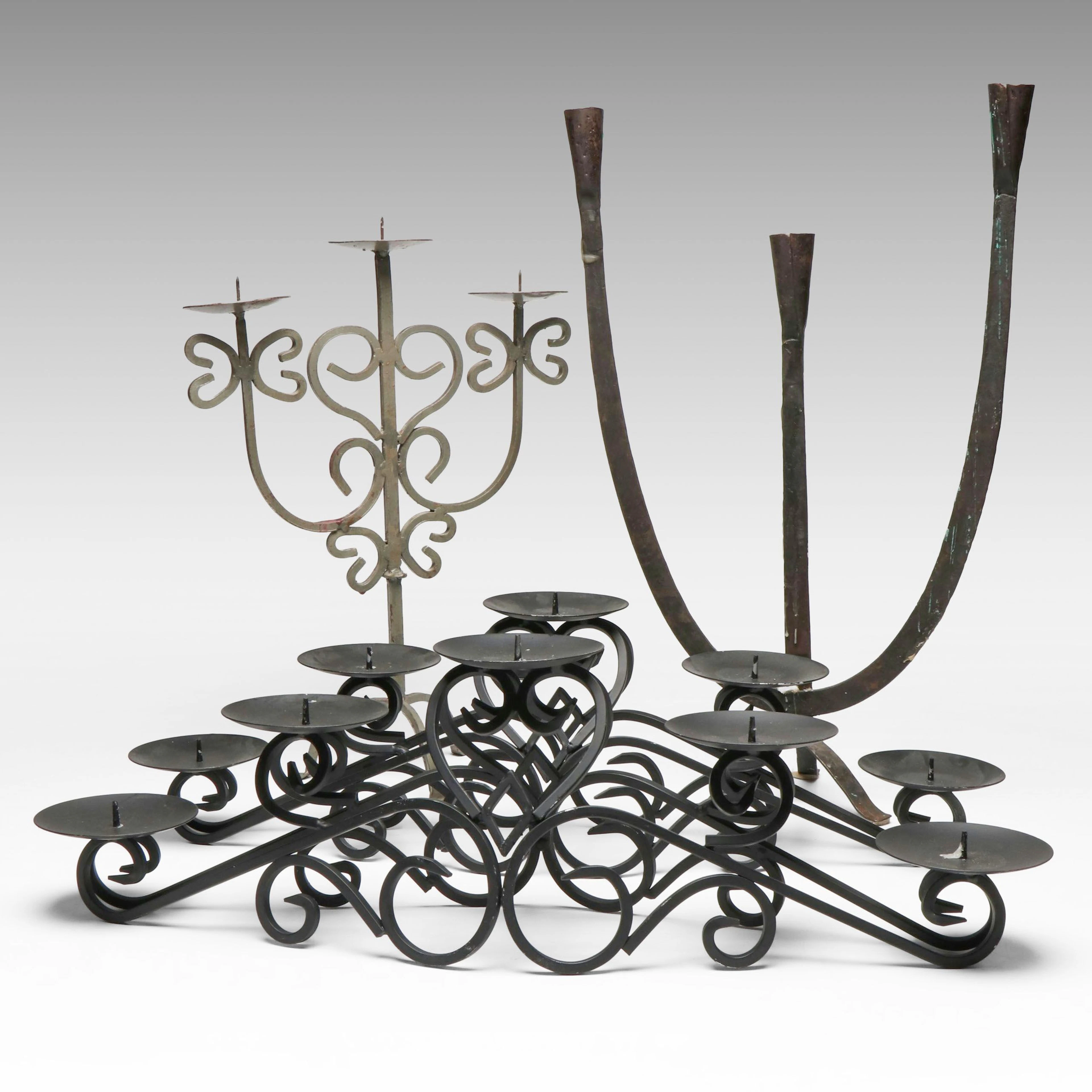 Gothic Style Wrought Iron Candelabra with Other Scrollwork Candle Holders