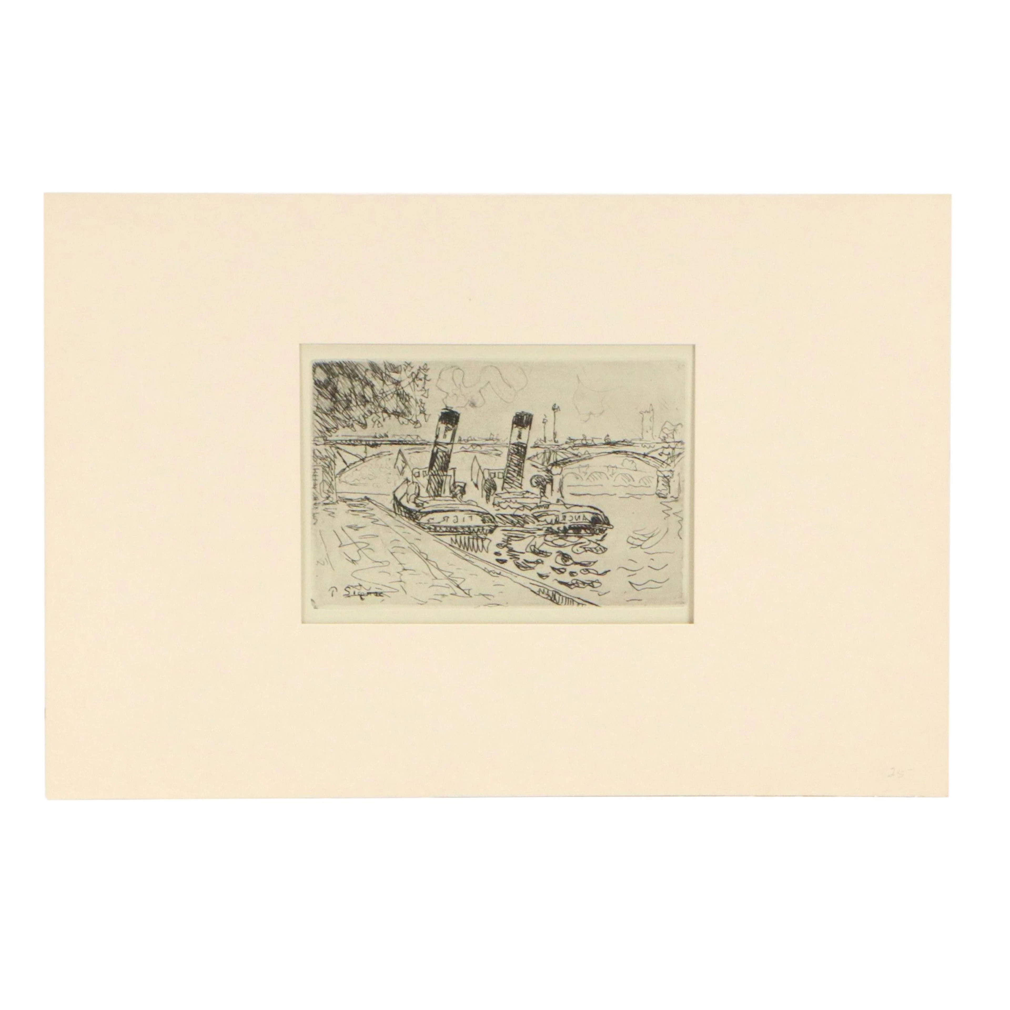 Etching After Paul Signac "Le Pont des Arts avec Remorqueurs," 20th C.