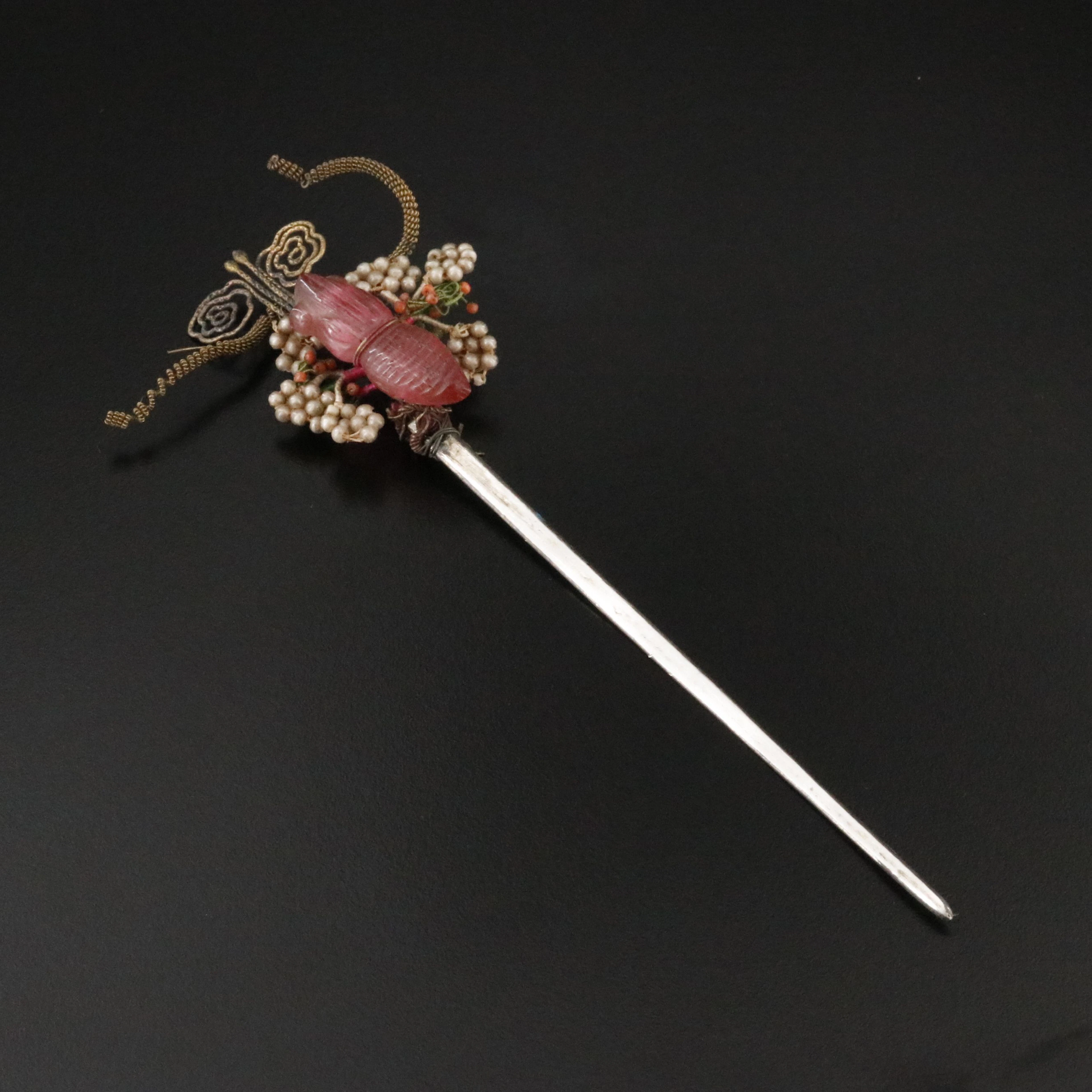 Vintage 900 Silver Pink Tourmaline, Pearl, and Coral Insect Hair Pin