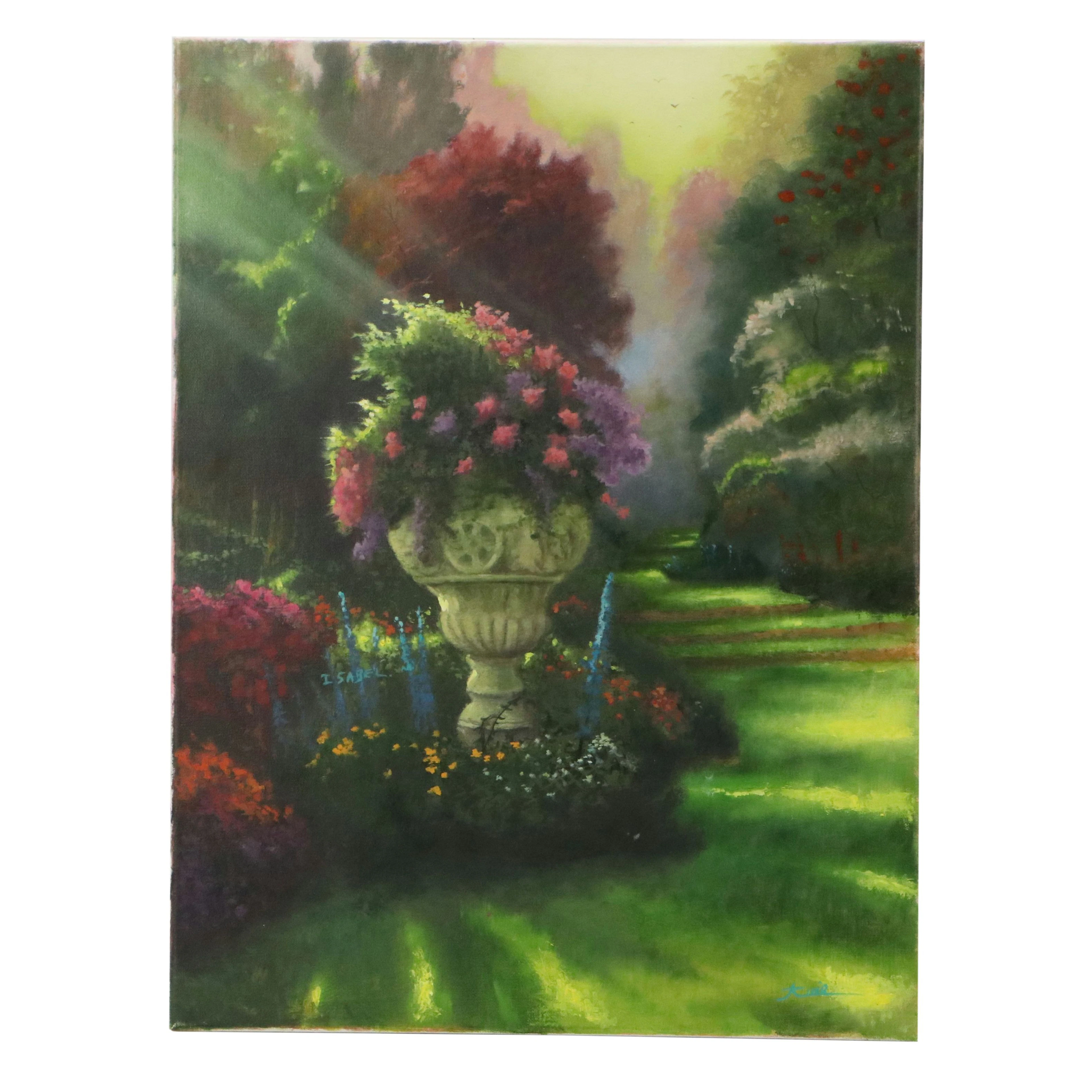 Idyllic Floral Garden Landscape Oil Painting, Circa 2000