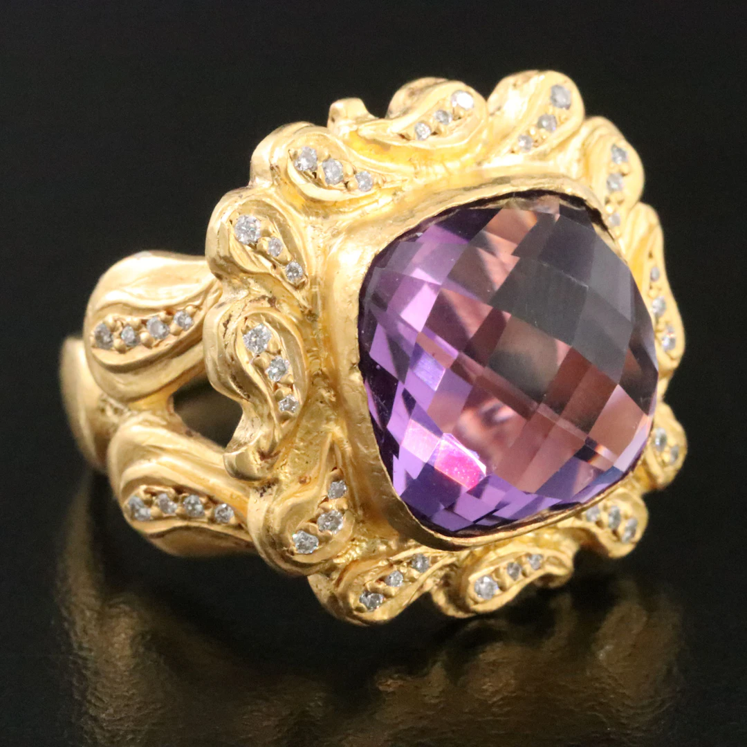 Sterling Amethyst and Diamond Ring with Paisley Frame and Shoulders