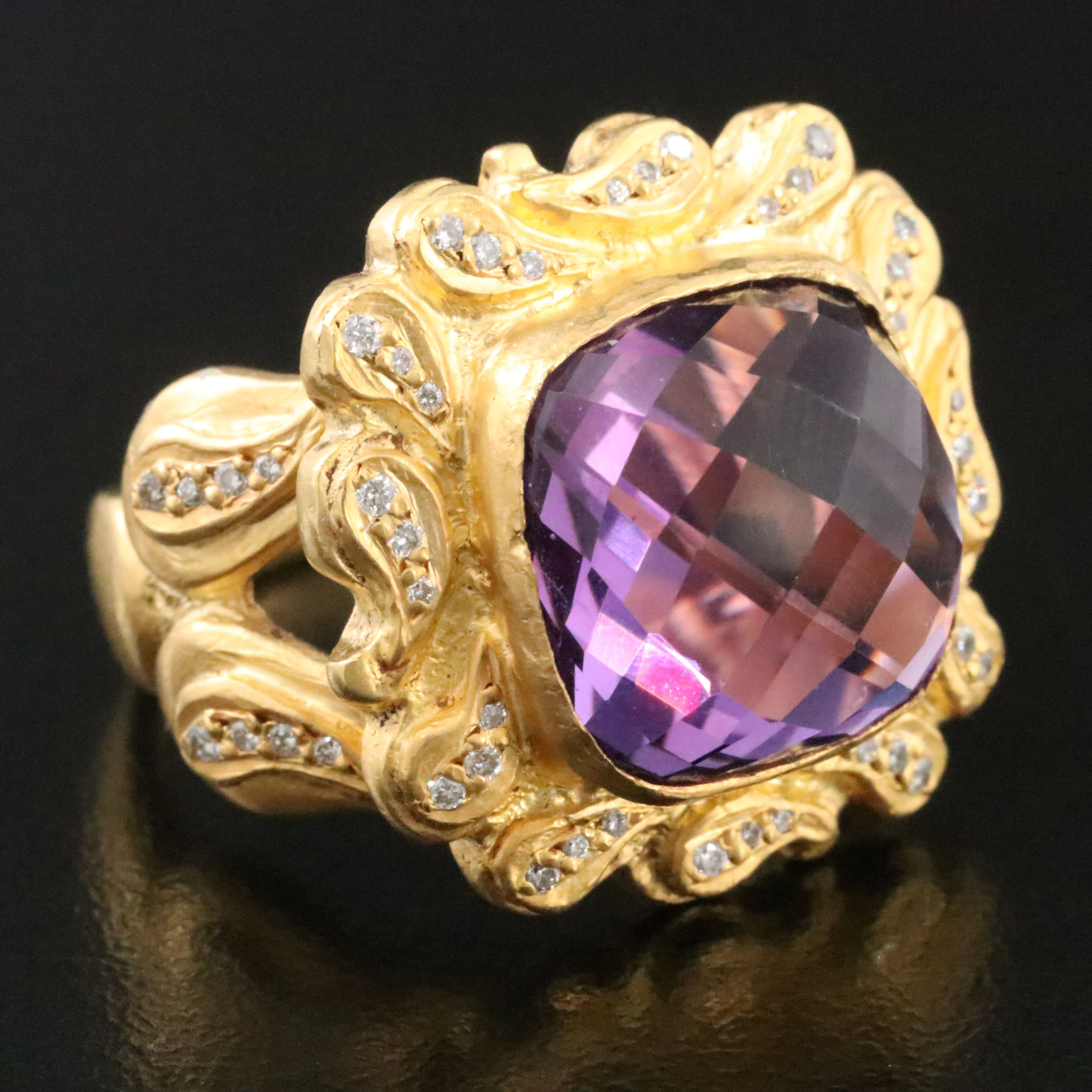 Sterling Amethyst and Diamond Ring with Paisley Frame and Shoulders
