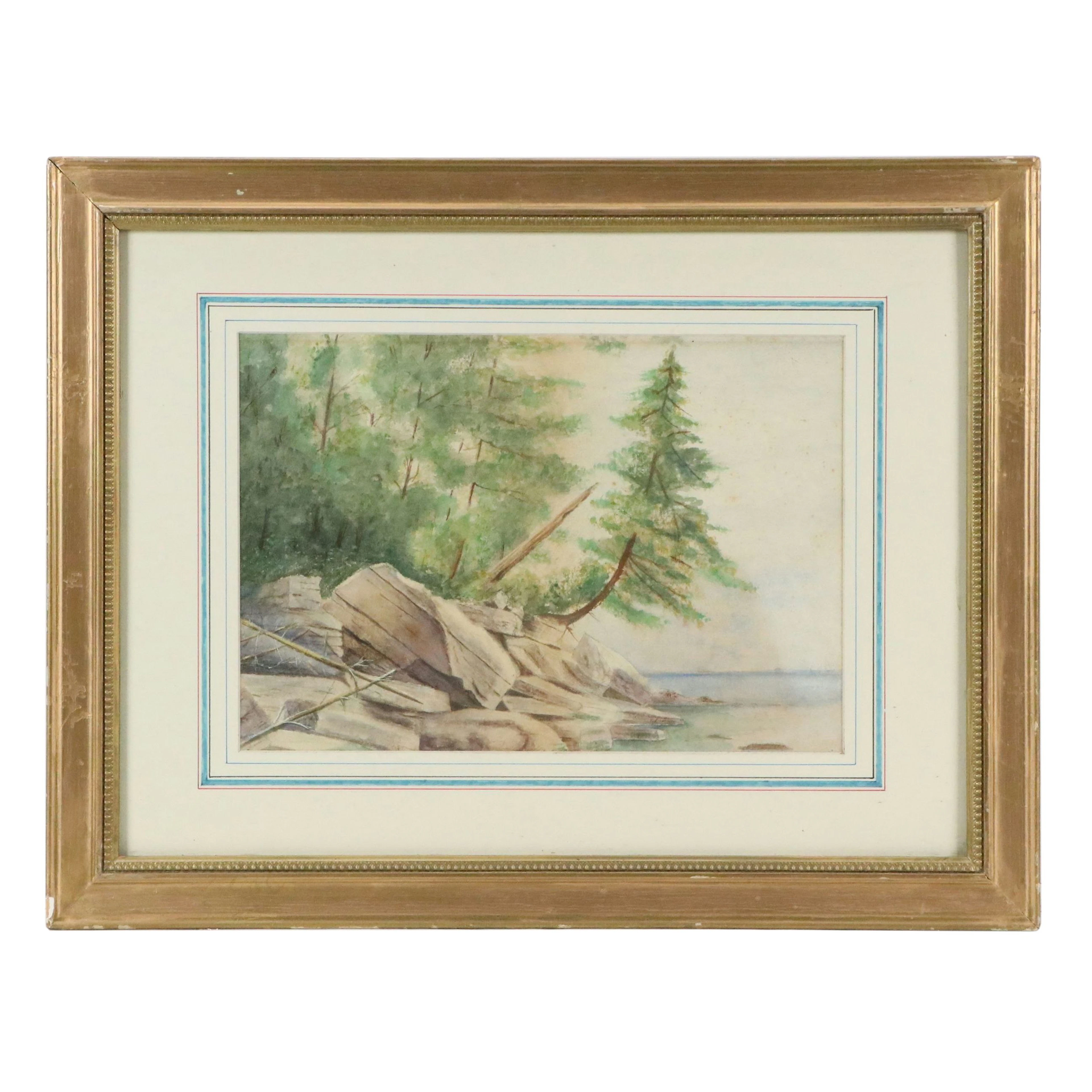 Landscape Watercolor Painting of Trees at Water's Edge