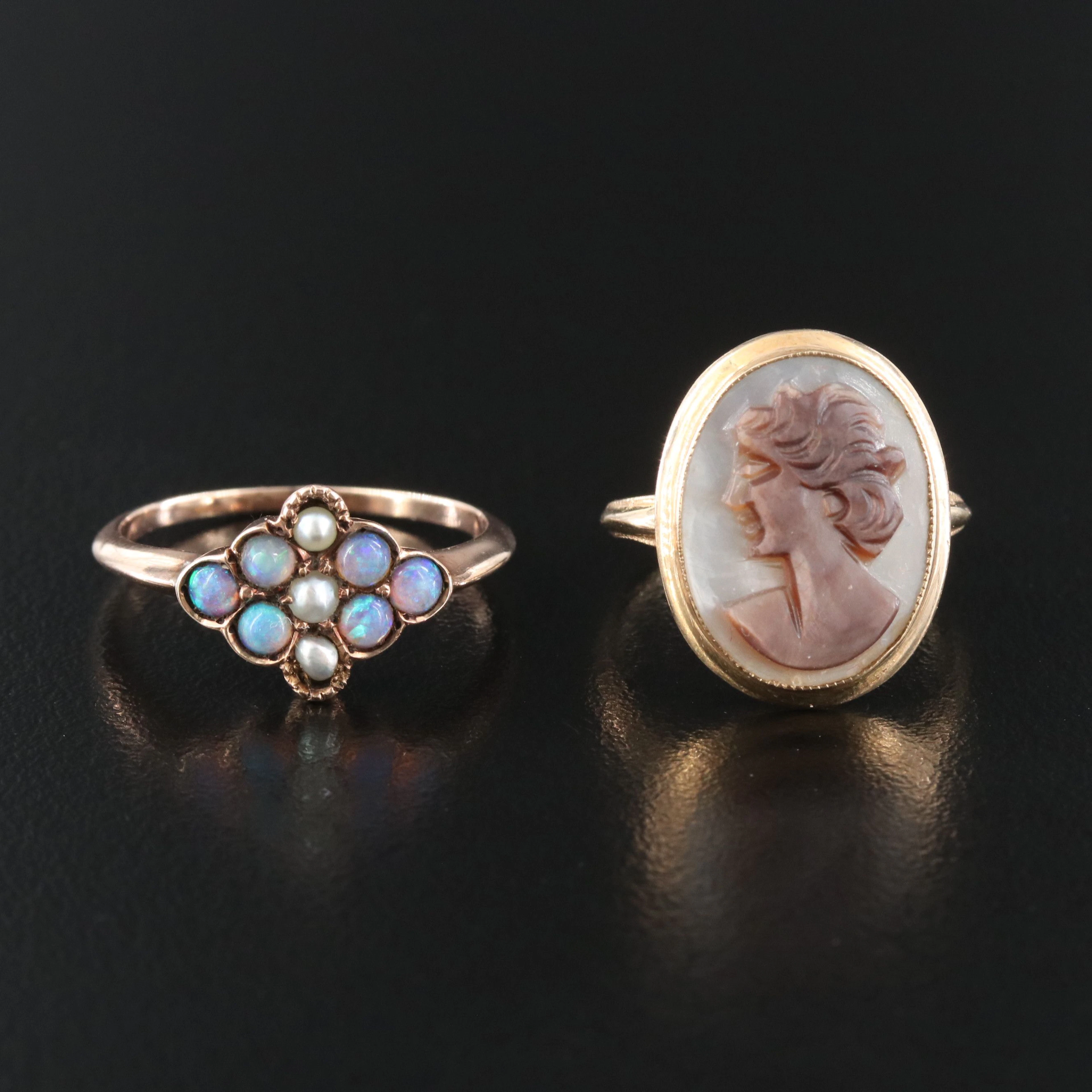 Victorian Opal and Seed Pearl and Vintage Cameo 10K Rings