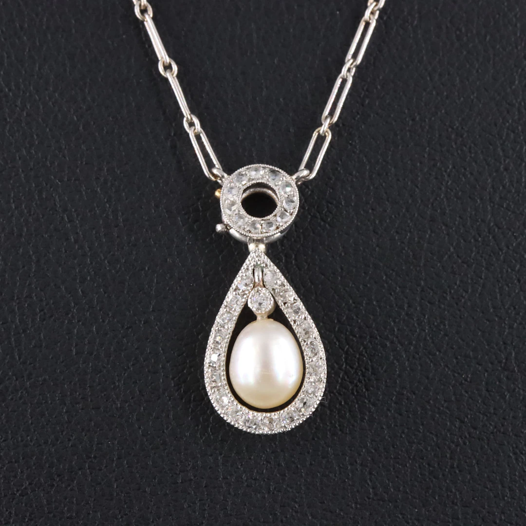 Platinum Natural Saltwater Pearl and Diamond Pendant Necklace with GIA Report
