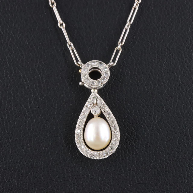 Platinum Natural Saltwater Pearl and Diamond Pendant Necklace with GIA Report