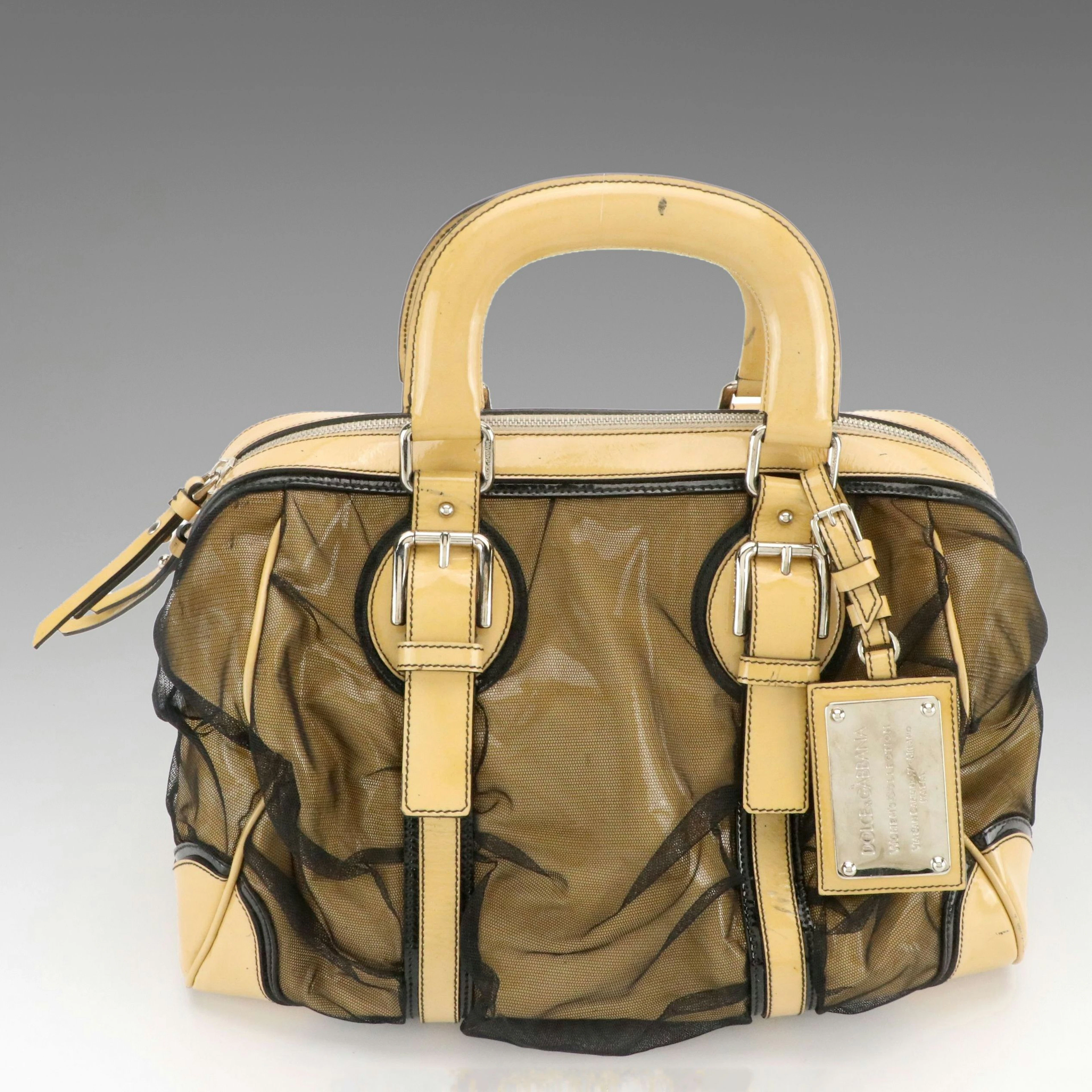 Dolce & Gabbana Miss Romantique Satchel in Yellow Patent Leather and Black Mesh