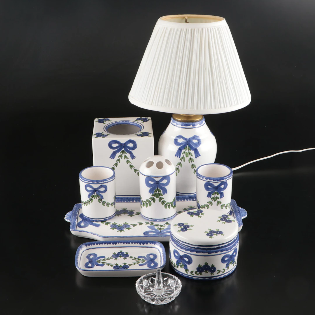 Portuguese Malveira Majolica for Casa Fina Ceramic Bathroom Vanity Set & Lamp