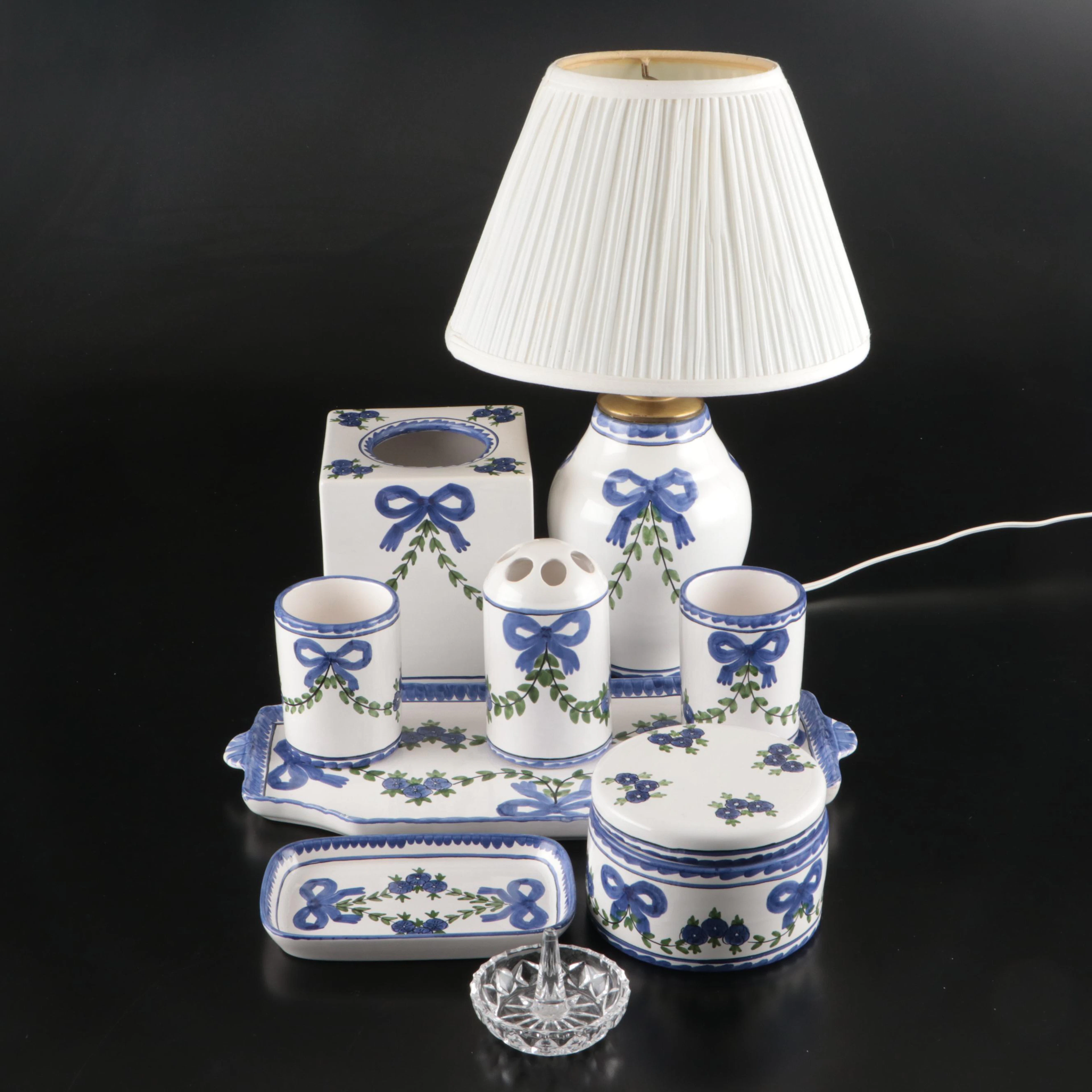 Portuguese Malveira Majolica for Casa Fina Ceramic Bathroom Vanity Set & Lamp