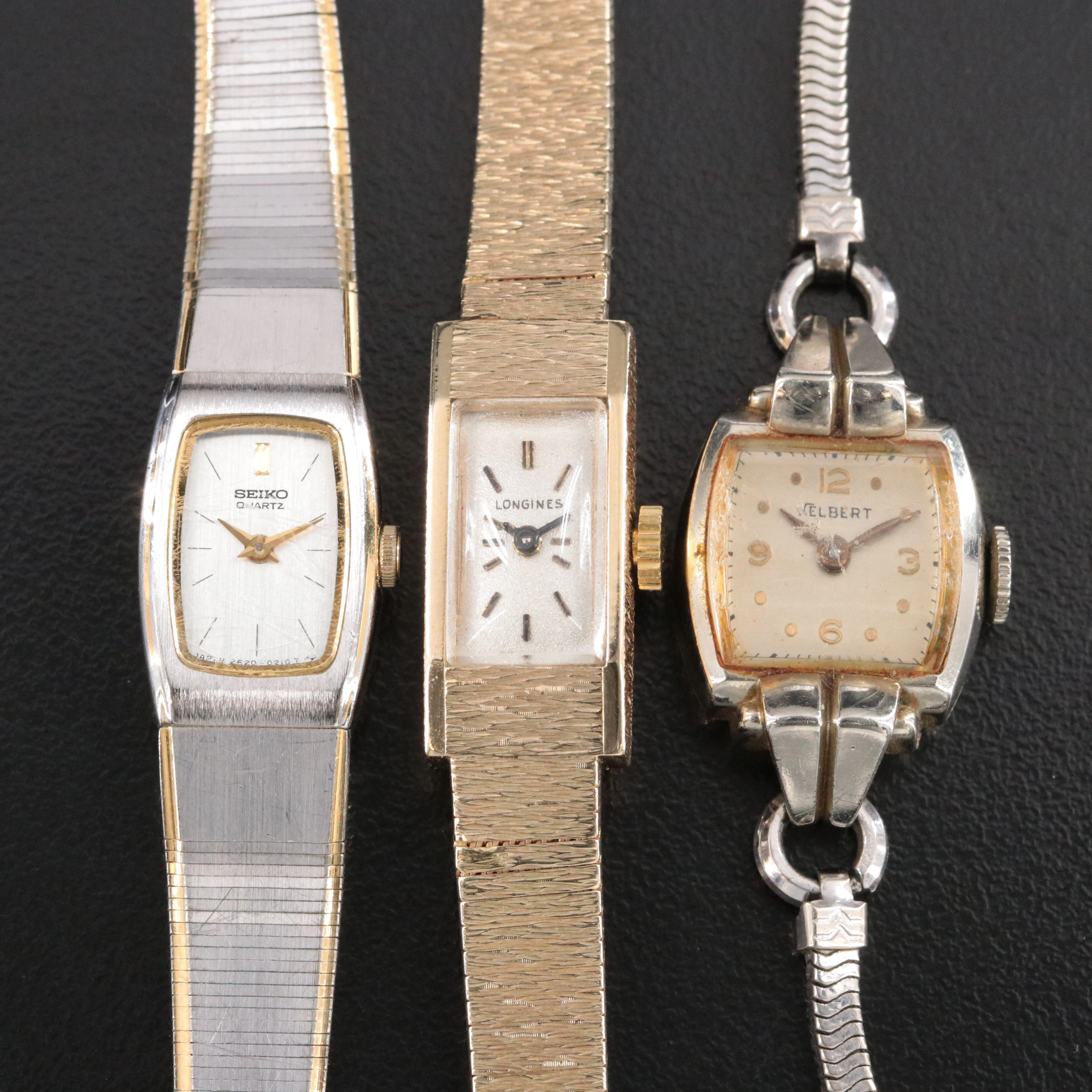 14K Kelbert & Longines Timepieces Plus a Seiko Steel Base Metal Watch.