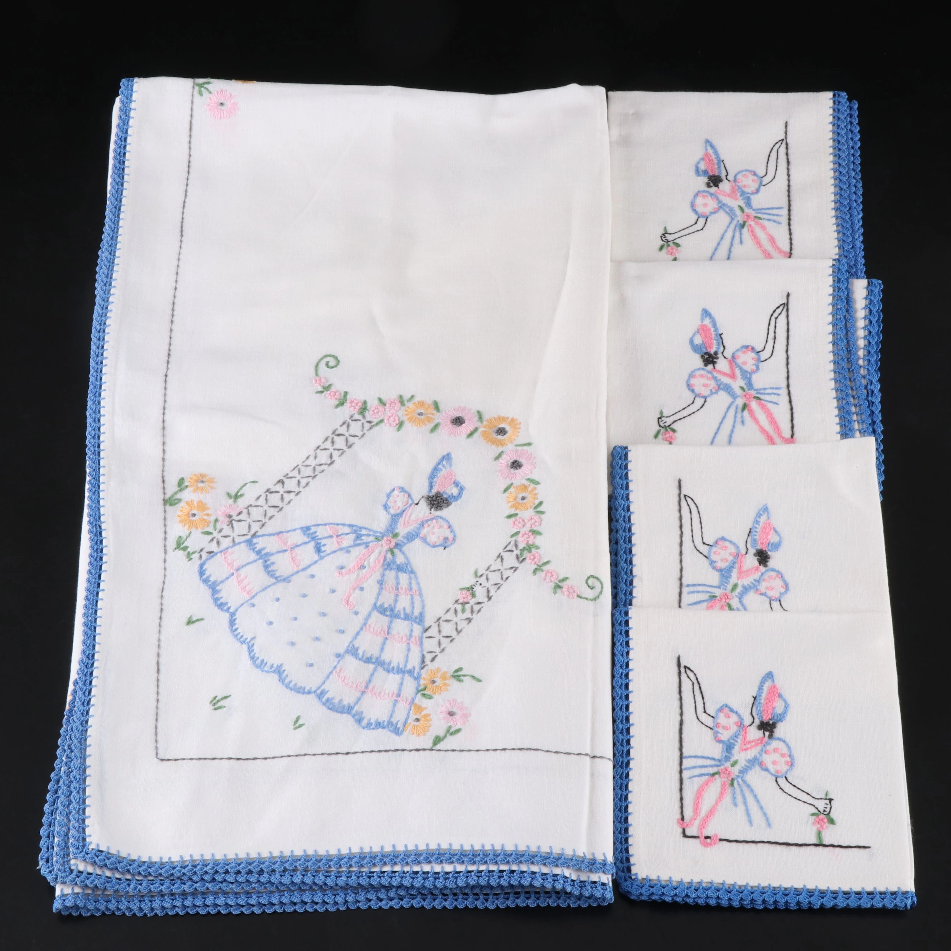 Hand-Embroidered Tablecloth and Napkins with Crochet Picot Edge