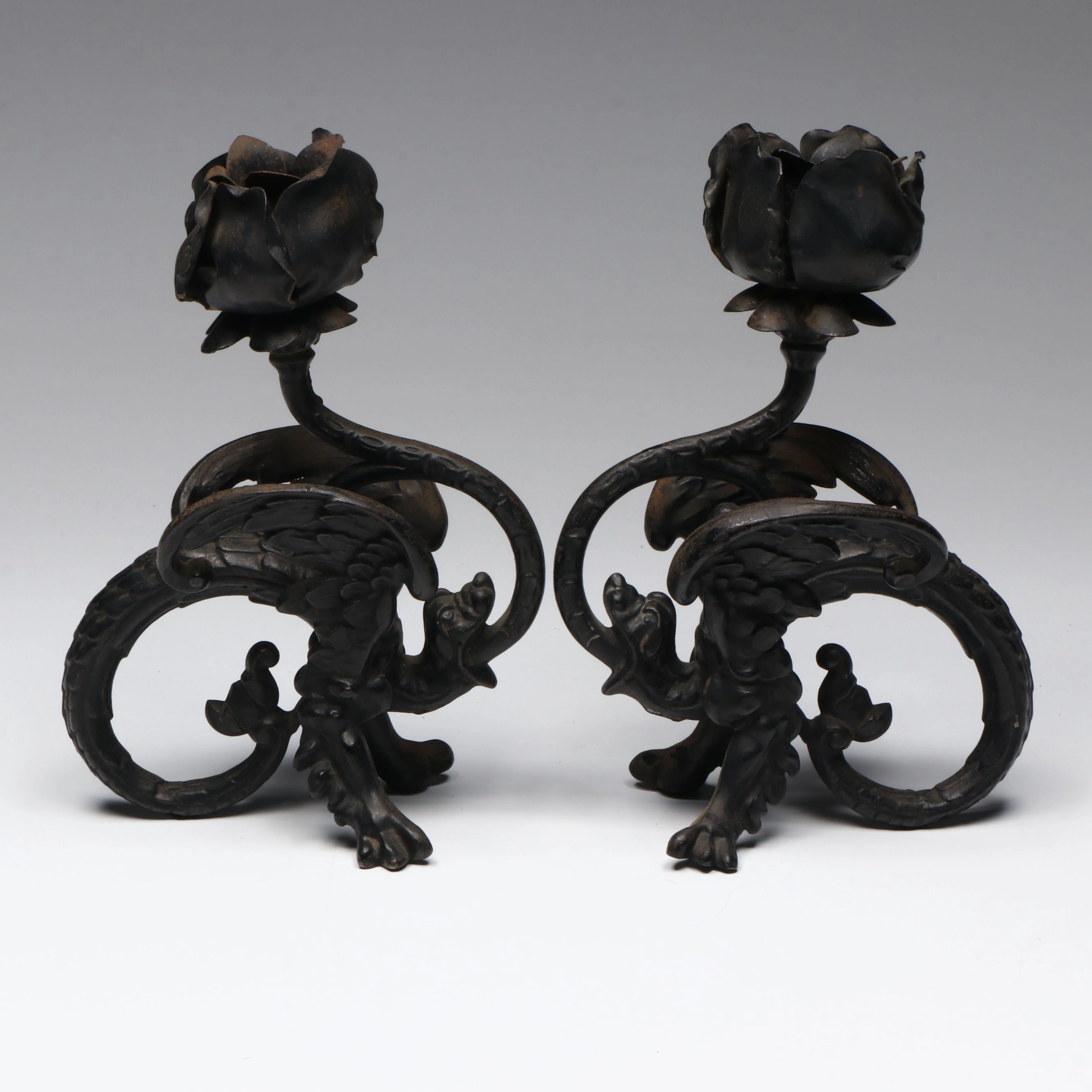 Pair of Neo-Gothic Style Wrought Iron Griffin and Rose Candlesticks