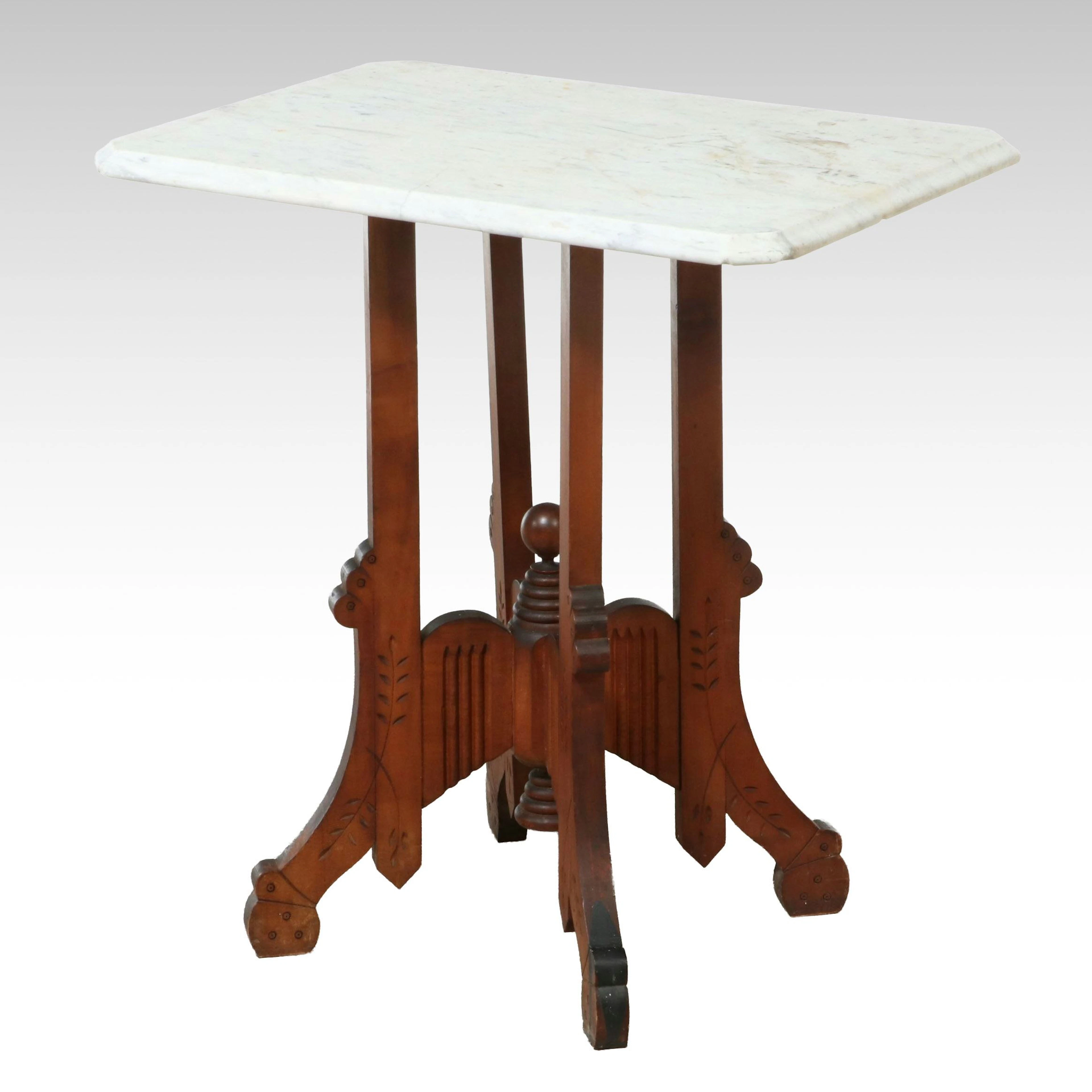 Antique Eastlake Carved Walnut Center Table with Marble Top