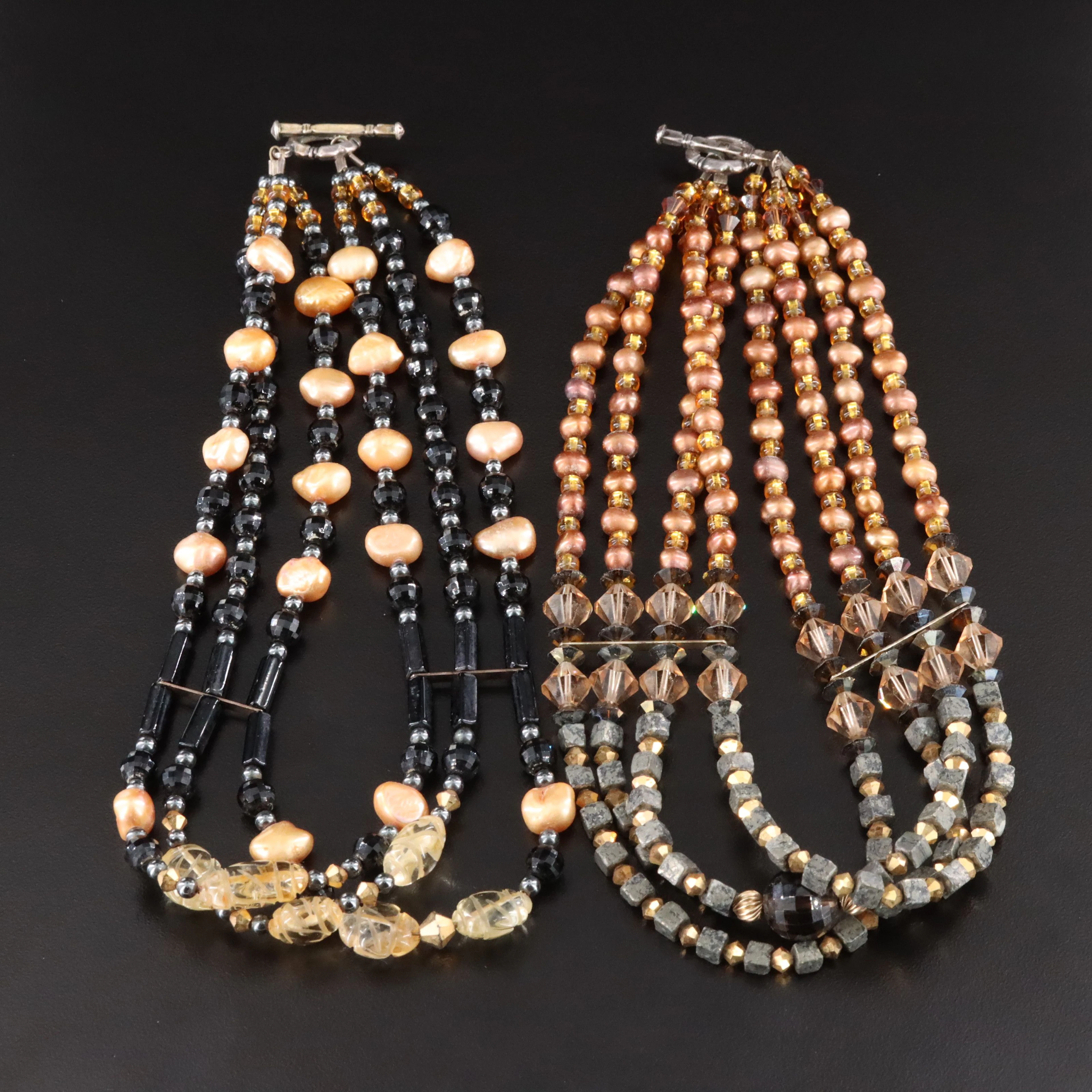 Beaded Tiered Necklaces Featuring Citrine, Black Onyx and Pyrite