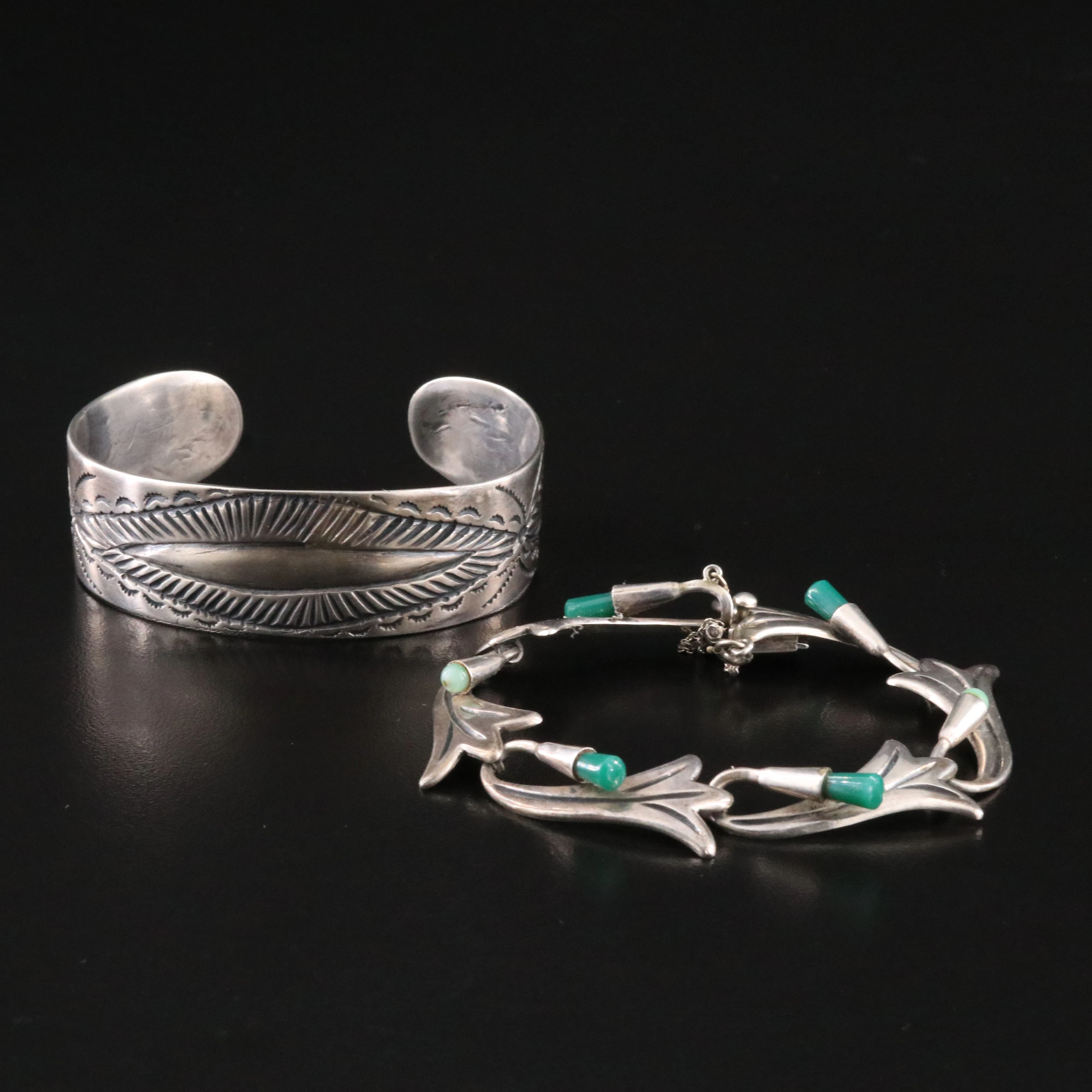 Sterling Cuff and Mexican Glass Beto Bracelet