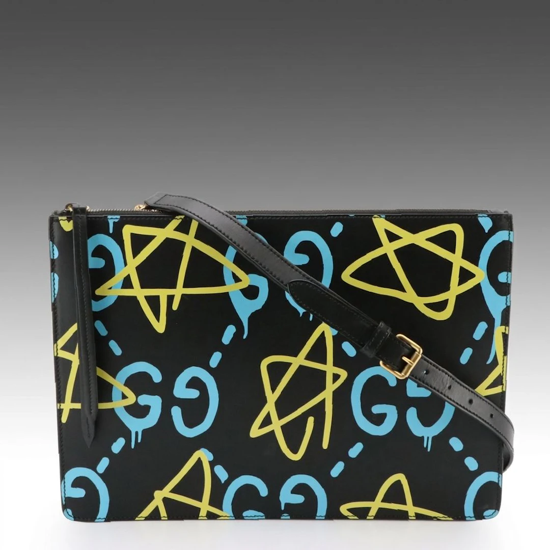 Gucci Graffiti-Style GG and Star Gucci Ghost Print Leather Clutch Shoulder Bag