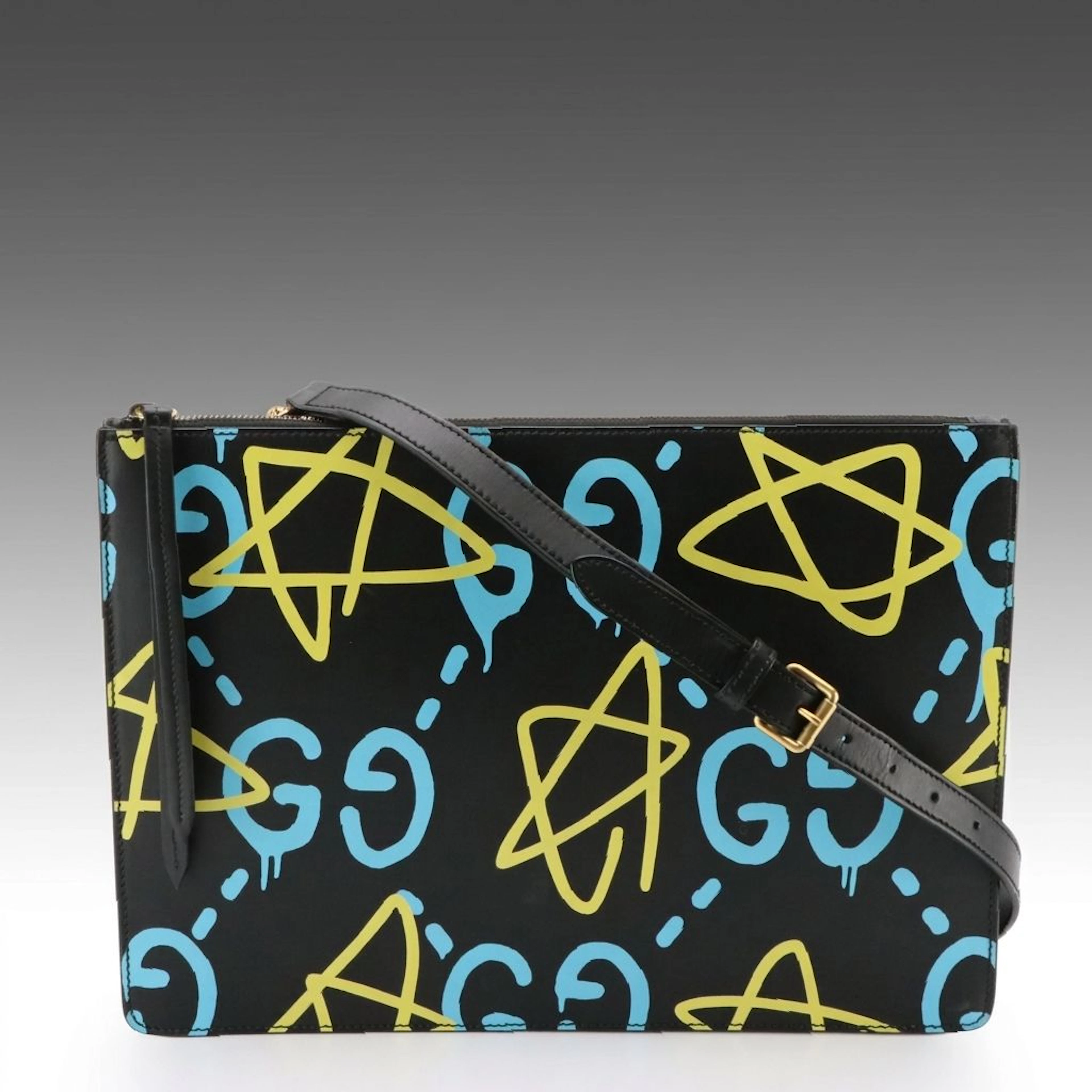 Gucci Graffiti-Style GG and Star Gucci Ghost Print Leather Clutch Shoulder Bag
