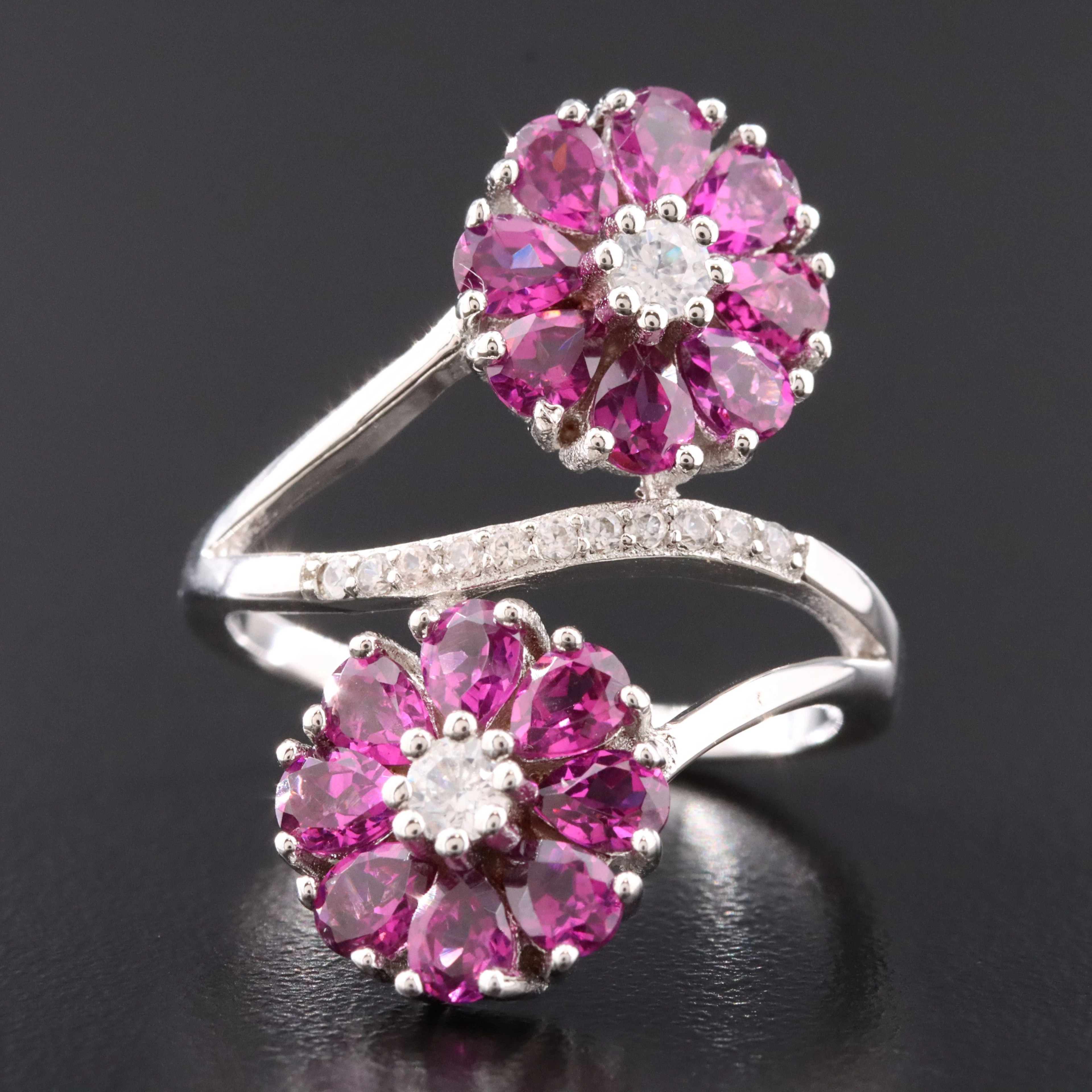 Sterling Garnet and White Zircon Floral Ring
