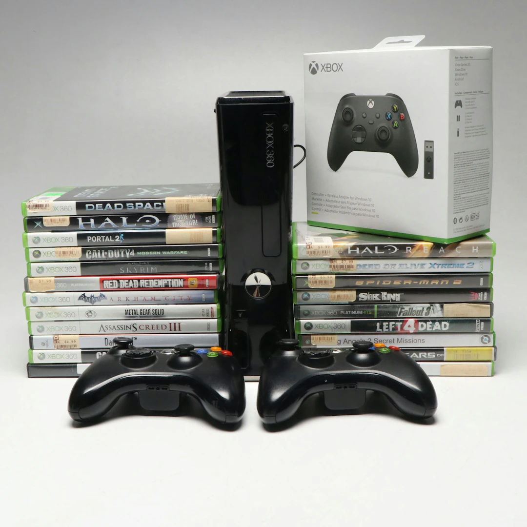 Microsoft Xbox 360 with Controllers and Video Games