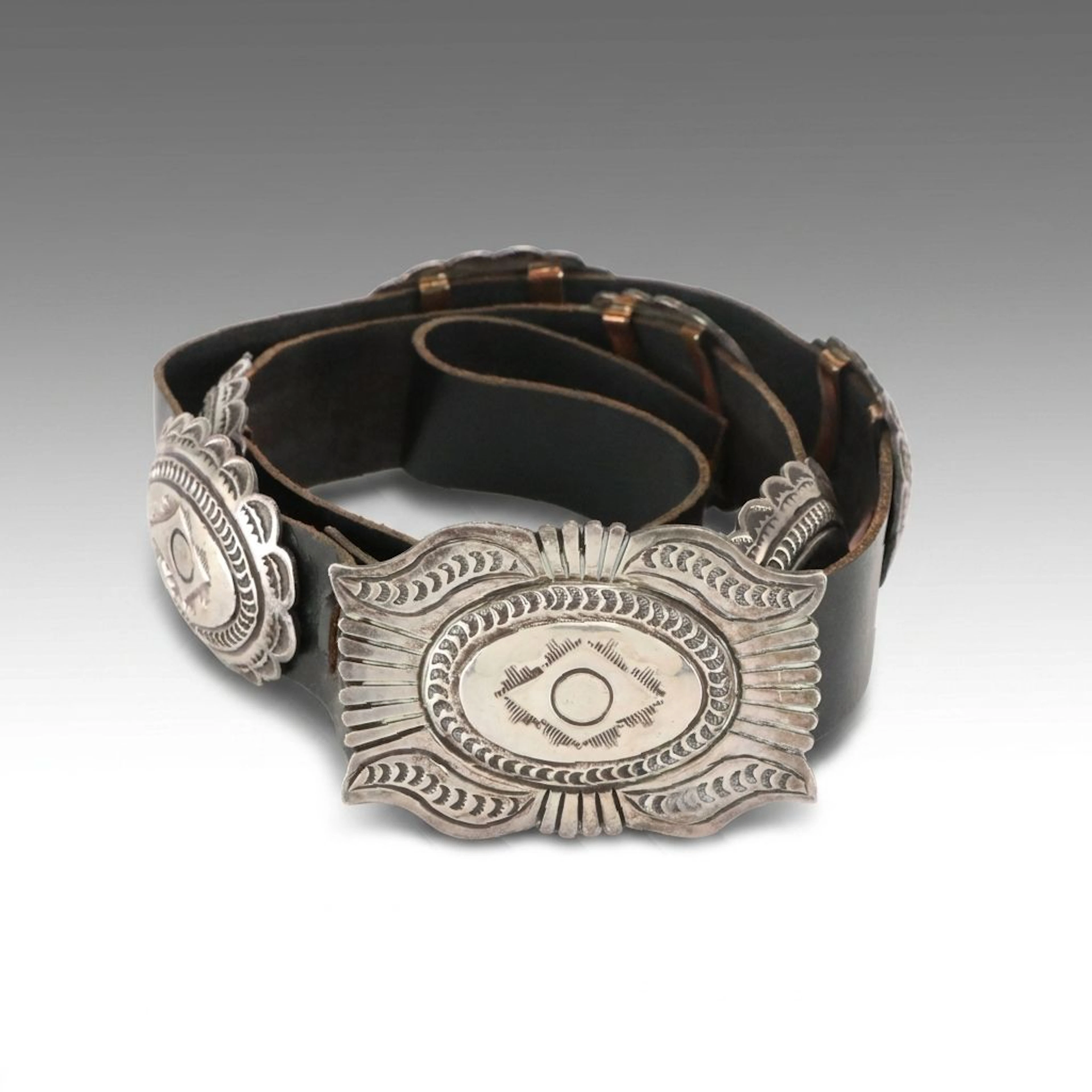 Native American Sterling Silver and Black Leather Concho Belt