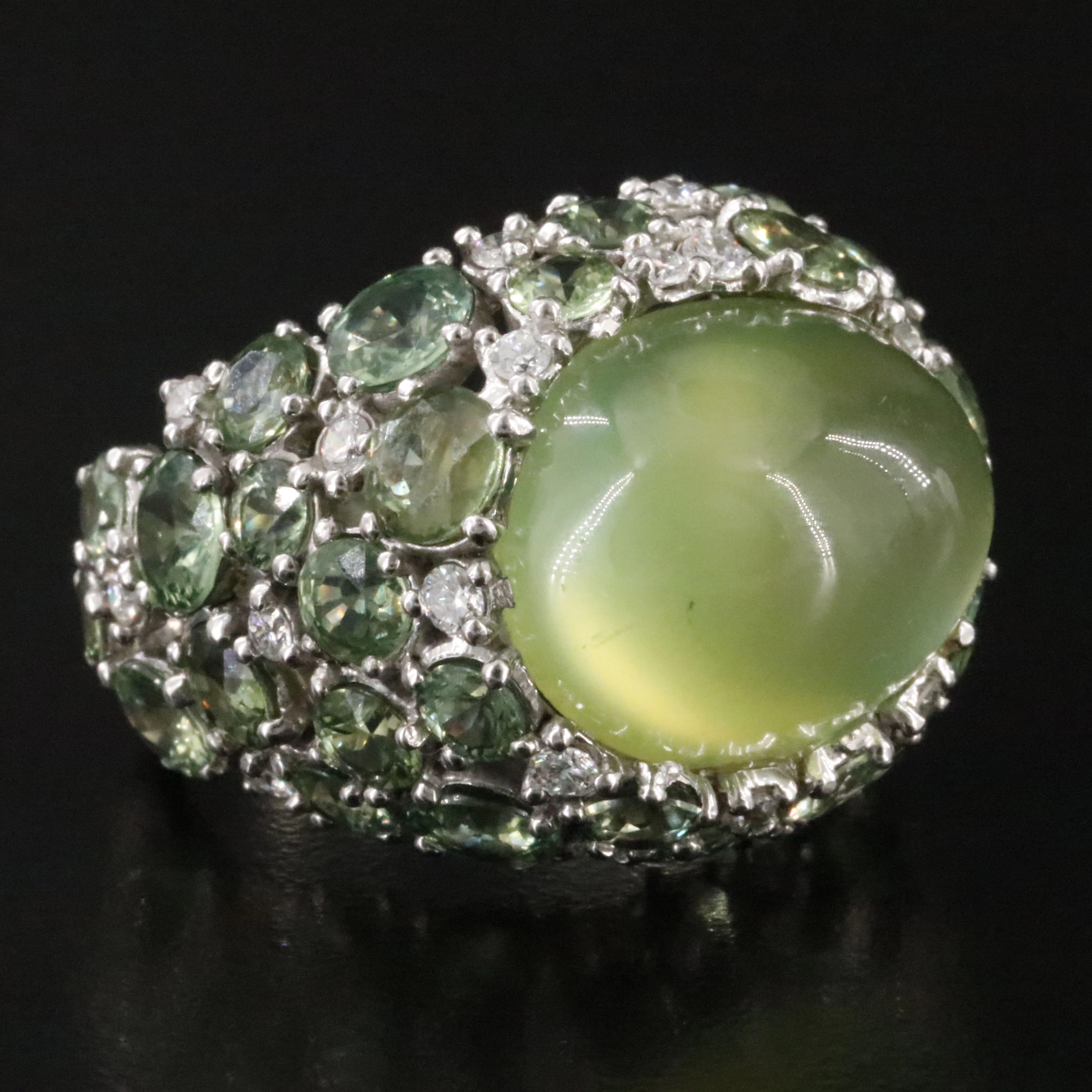 18K Prehnite, Sapphire and Diamond Dome Ring
