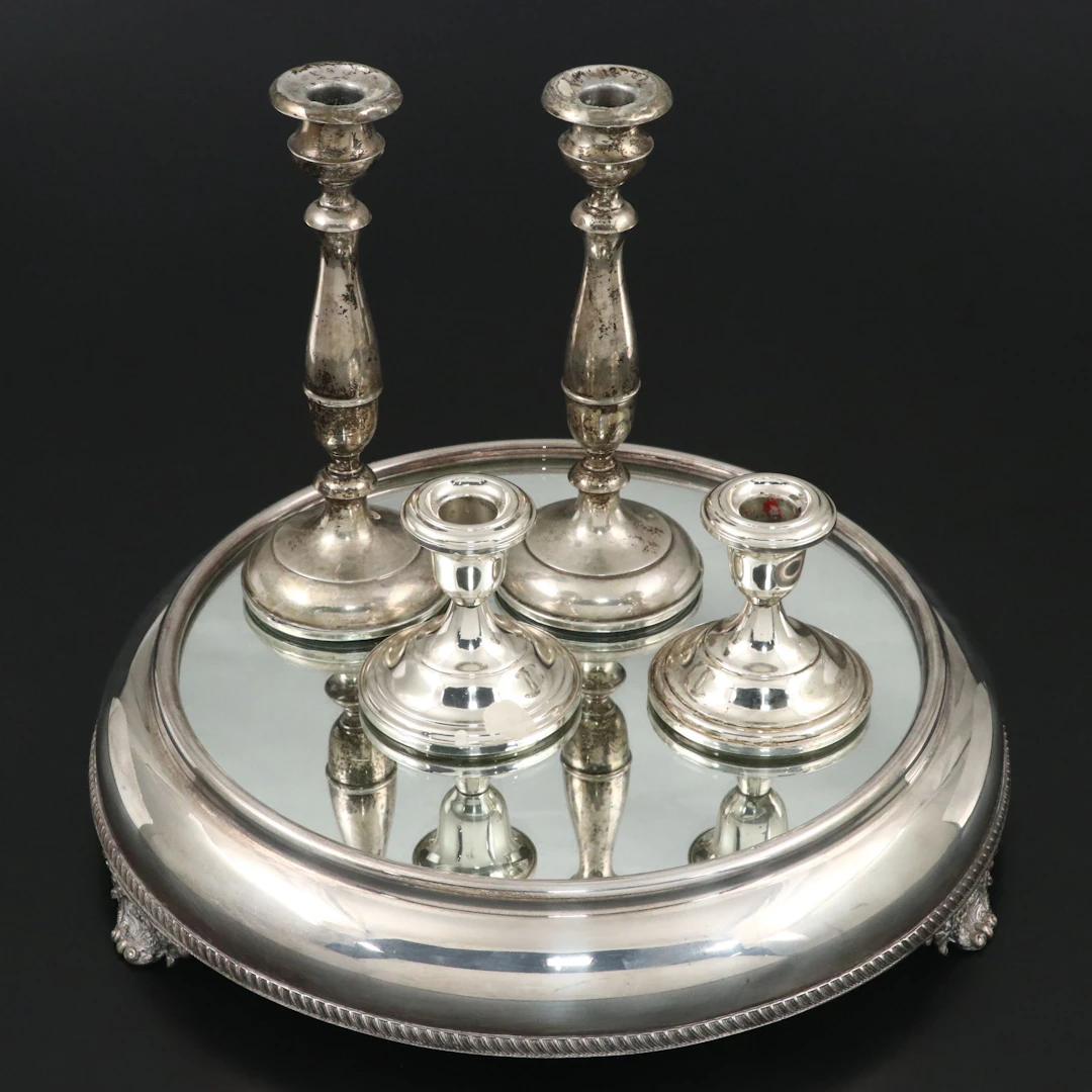 Fisher Sterling Candlesticks with Mirrored Tray and More Décor, 20th Century