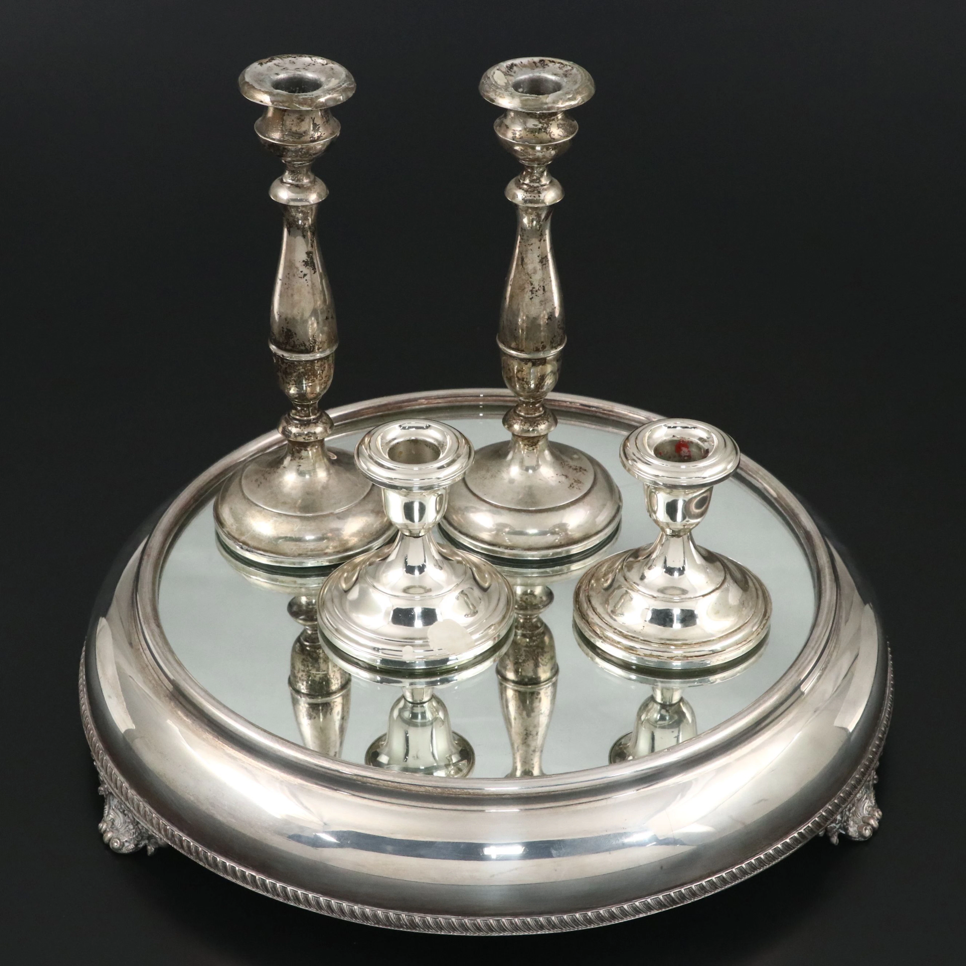 Fisher Sterling Candlesticks with Mirrored Tray and More Décor, 20th Century